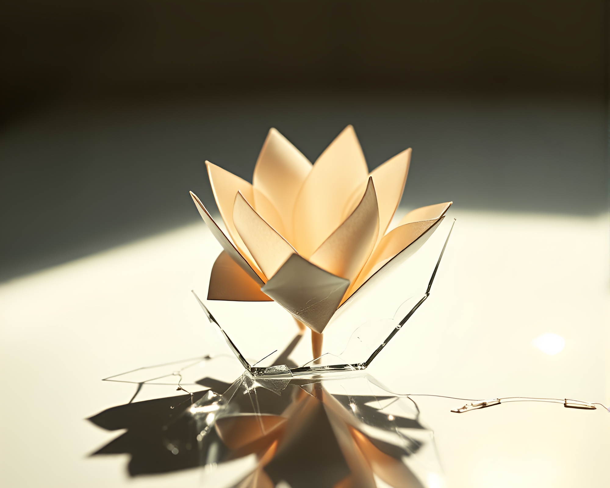 Broken glass reflection of cyberpunk origami flowers – free AI stock image