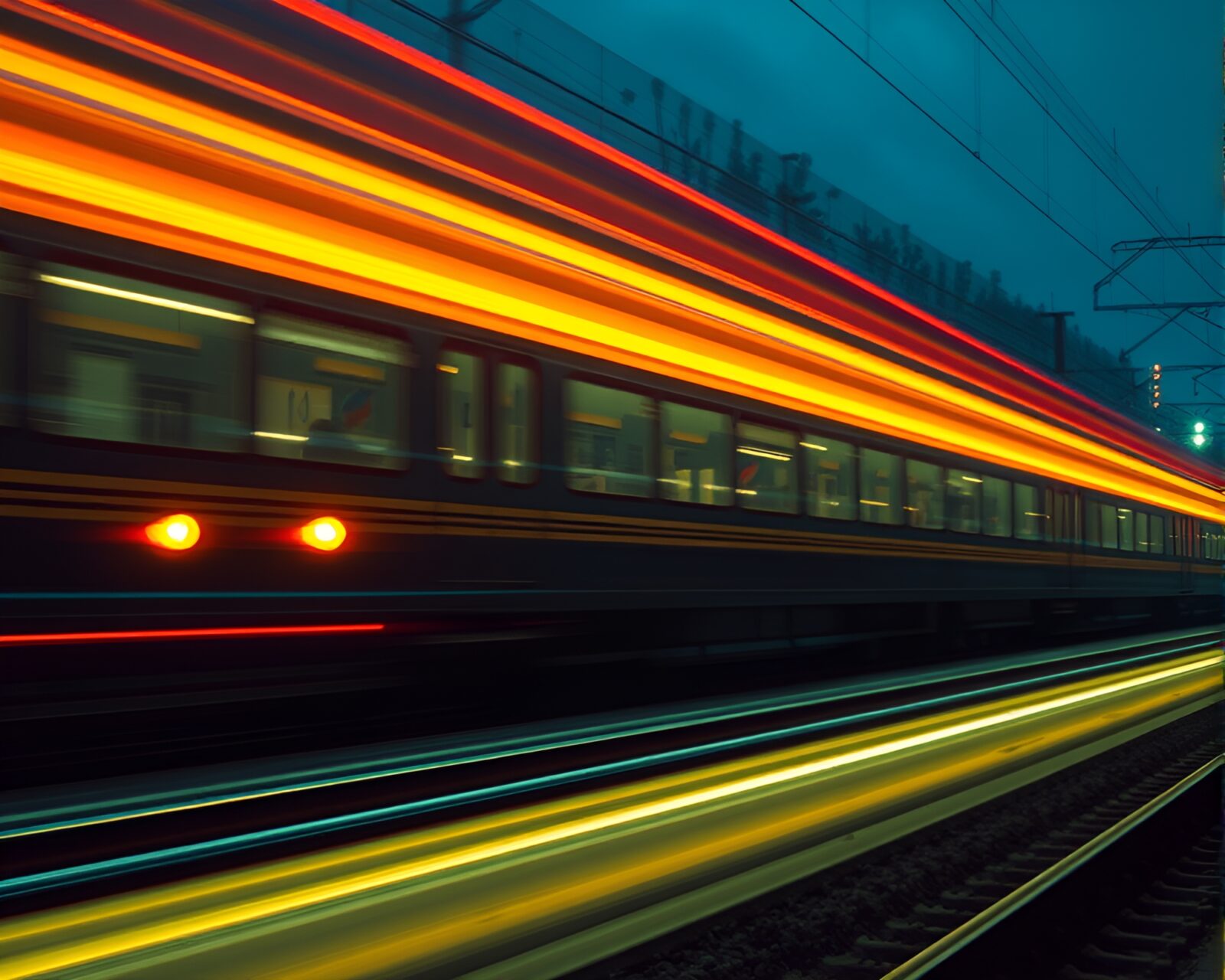 Photorealistic image of a basilisk-inspired train with colorful light trails