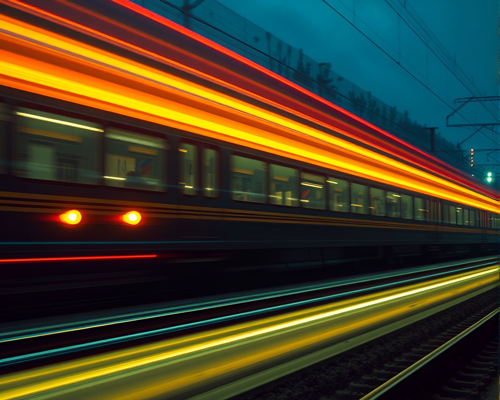 Basilisk-themed Train Light Trails with Retro Color Fade – free AI stock image