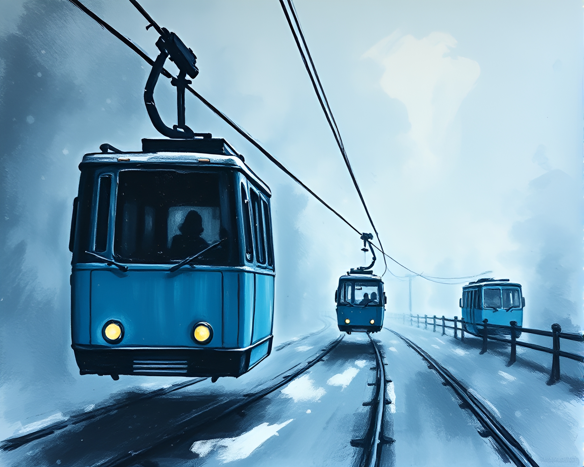 Cable Car Journey through Ice-Blue Acrylic Spatters – free AI stock image