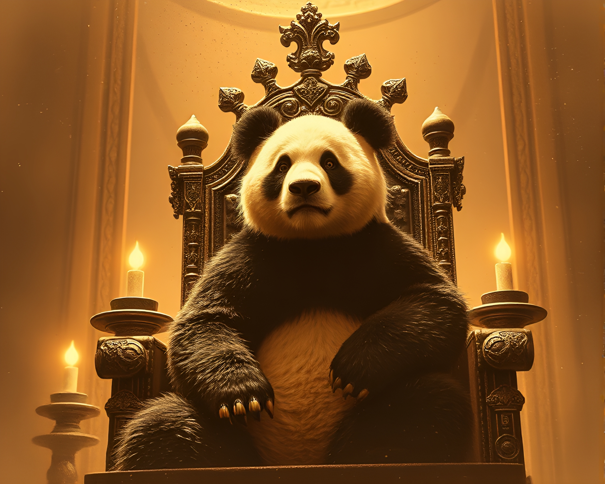 Panda King’s Stippled Throne Room Sepia Scene – free AI stock image