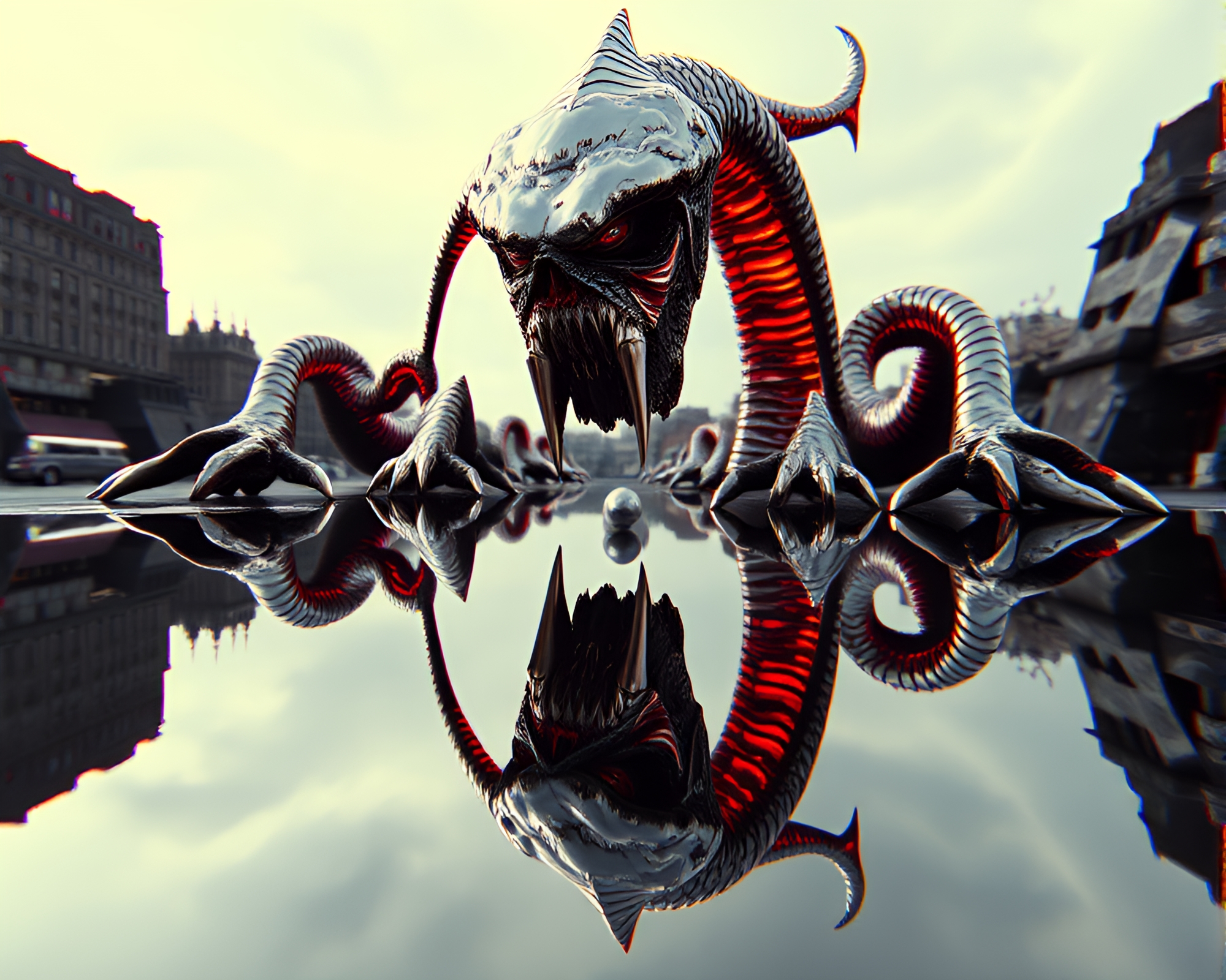 Kraken Reflection in Mirrored Shard: CRT Flicker Fantasy – free AI stock image