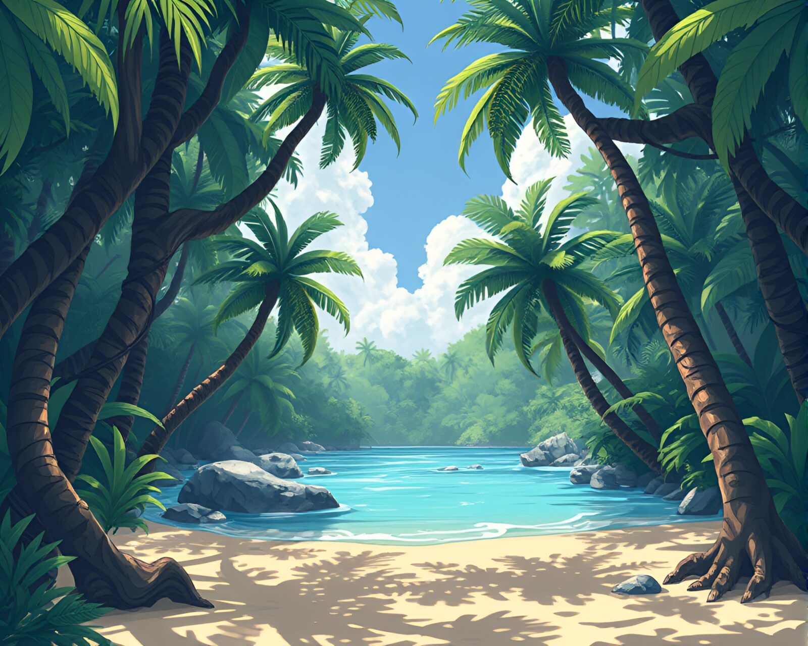 A stunning fantasy illustration of a beach under a jungle canopy