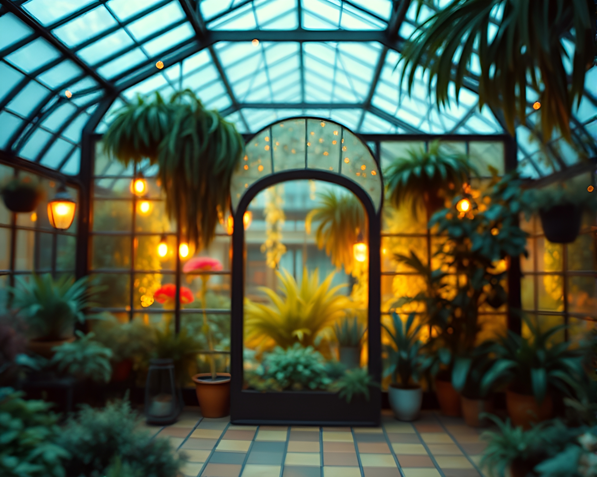 Fragmented Glass Greenhouse with Retro Cinemagraph Effect – free AI stock image