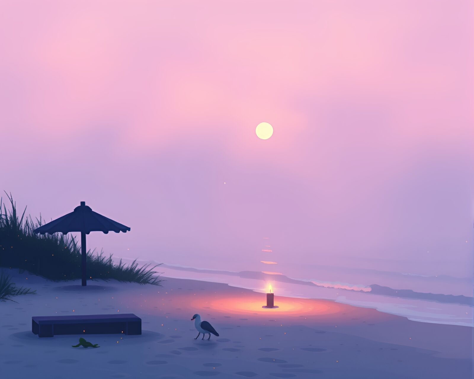 A serene beach scene in candlelight with misty air