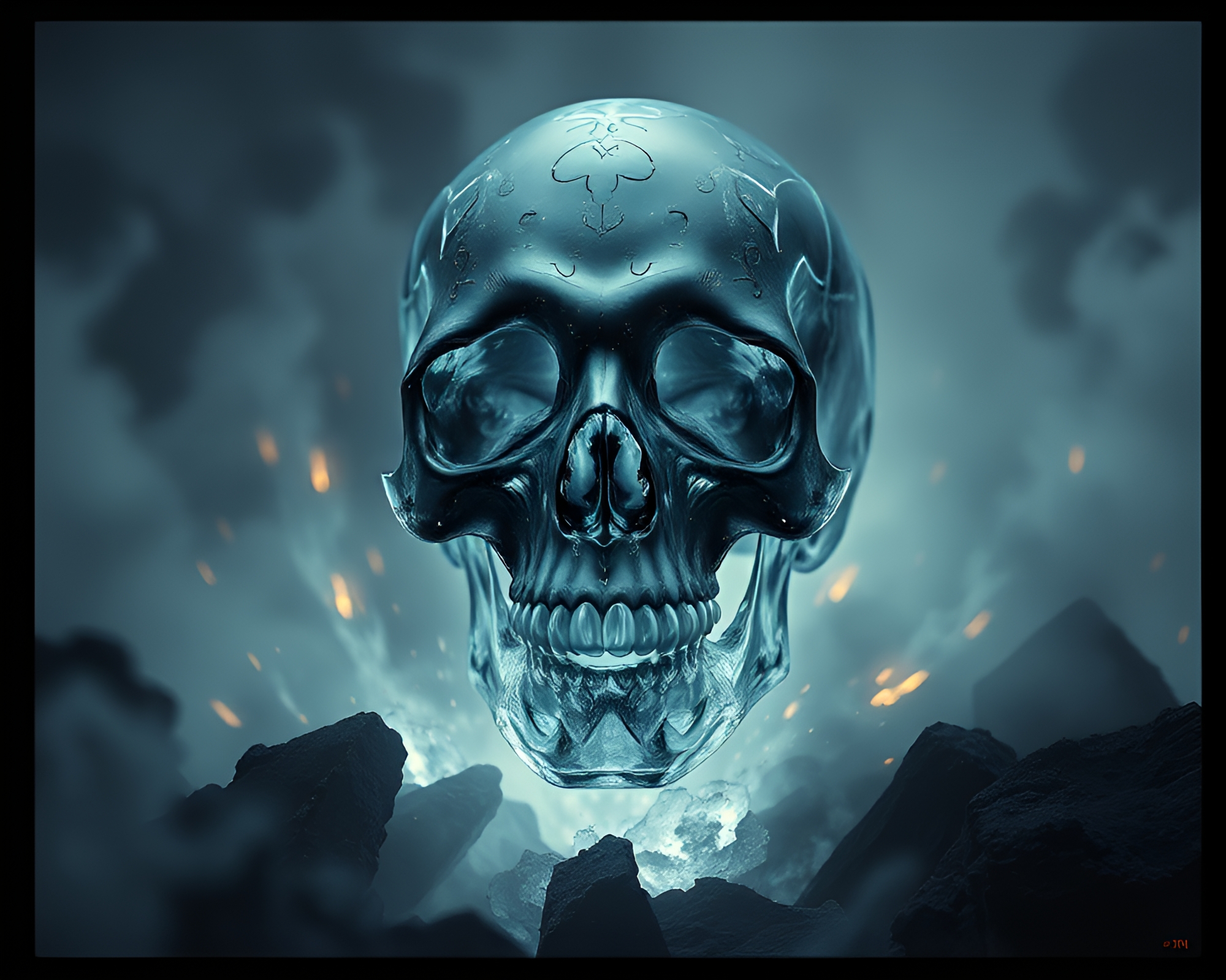 Captivating Crystal Skull Emerging from Volcanic Ash Mist – free AI stock image