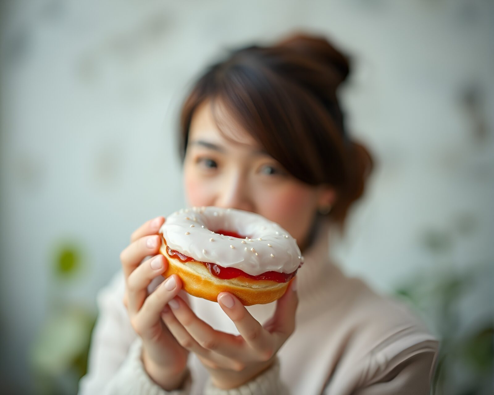 Ivory white doughnut artistically captured in tilt-shift photography