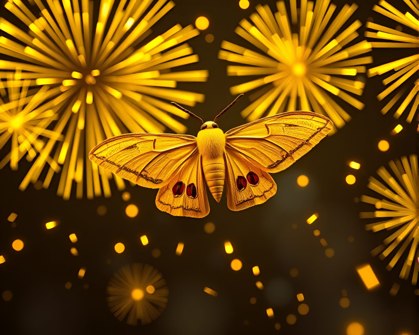 Mustard yellow moth in 3D fireworks burst scene