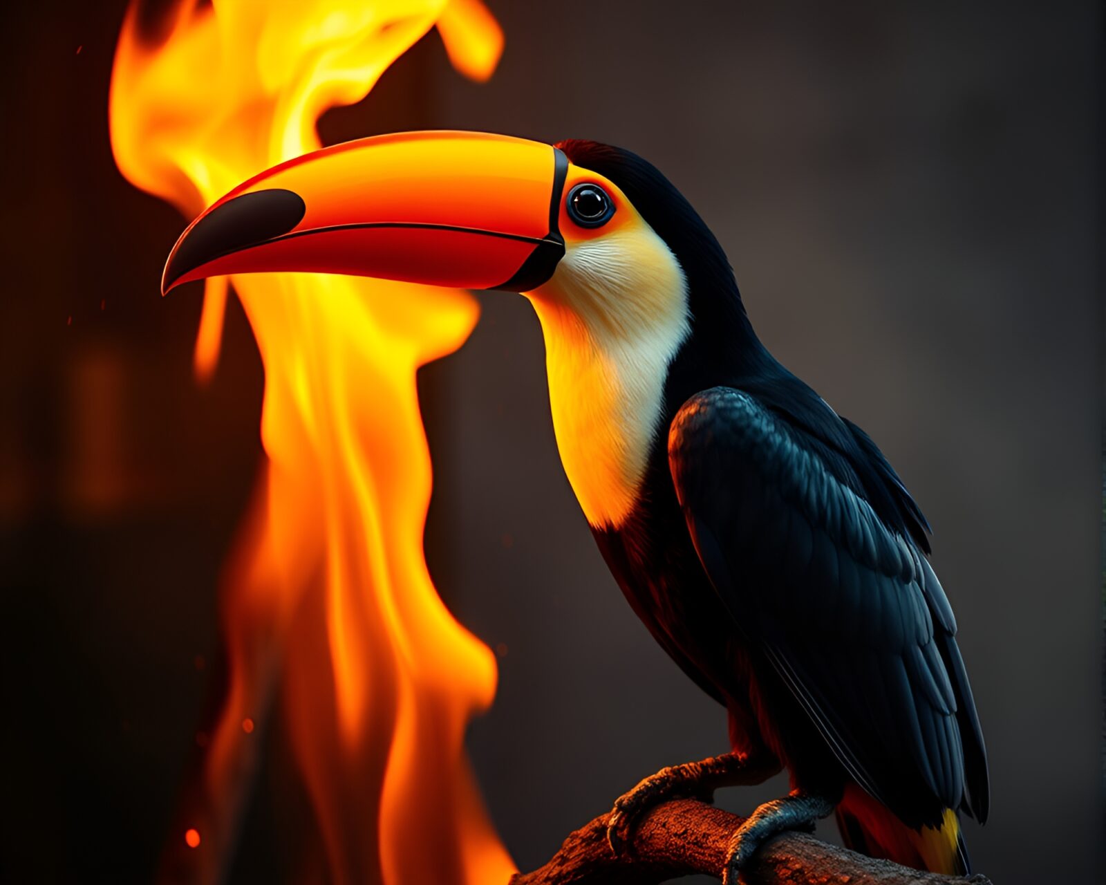 Colorful toucan painting beside a crackling fireplace