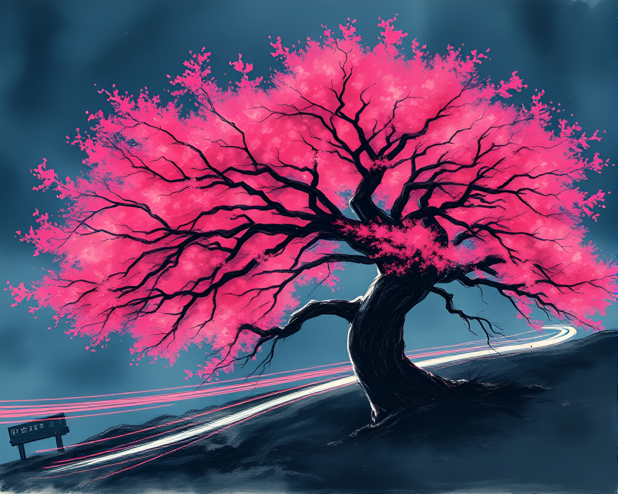 Ancient Tree with Magenta Light Trails in Sumi-e Style – free AI stock image