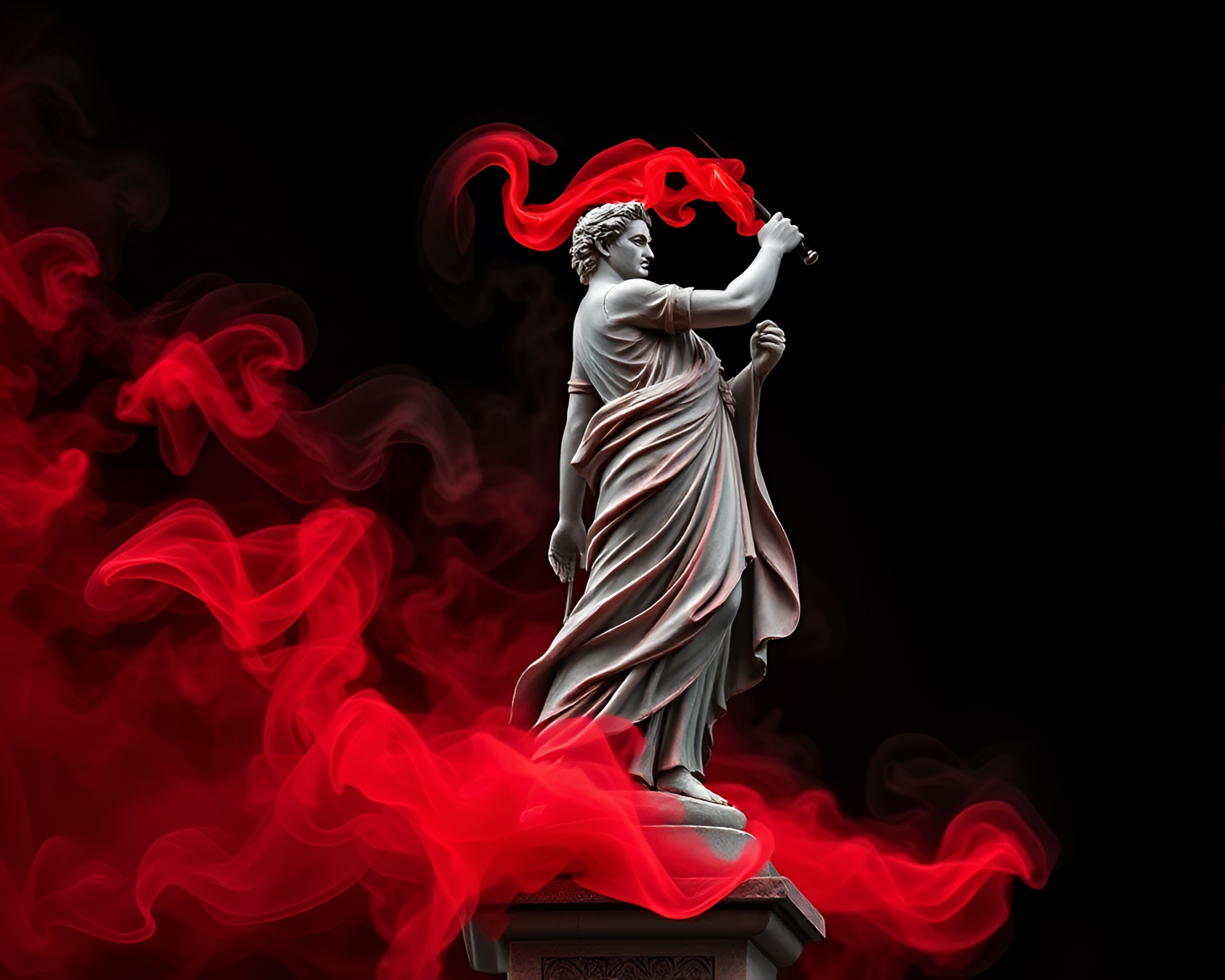 Ethereal Statue Enveloped in Red Smoke Swirls – free AI stock image