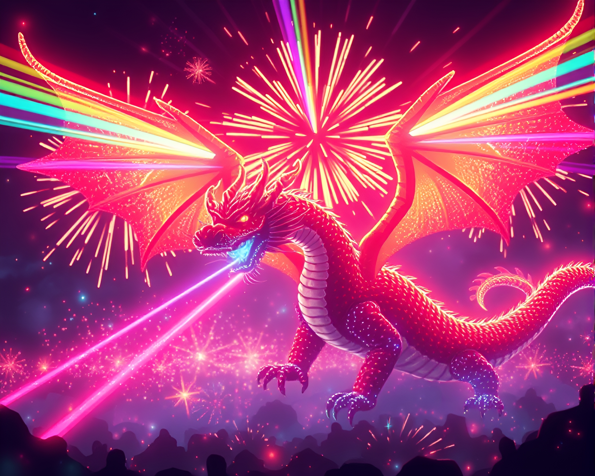Dragon Festival with Pixel Art Laser Beams – free AI stock image