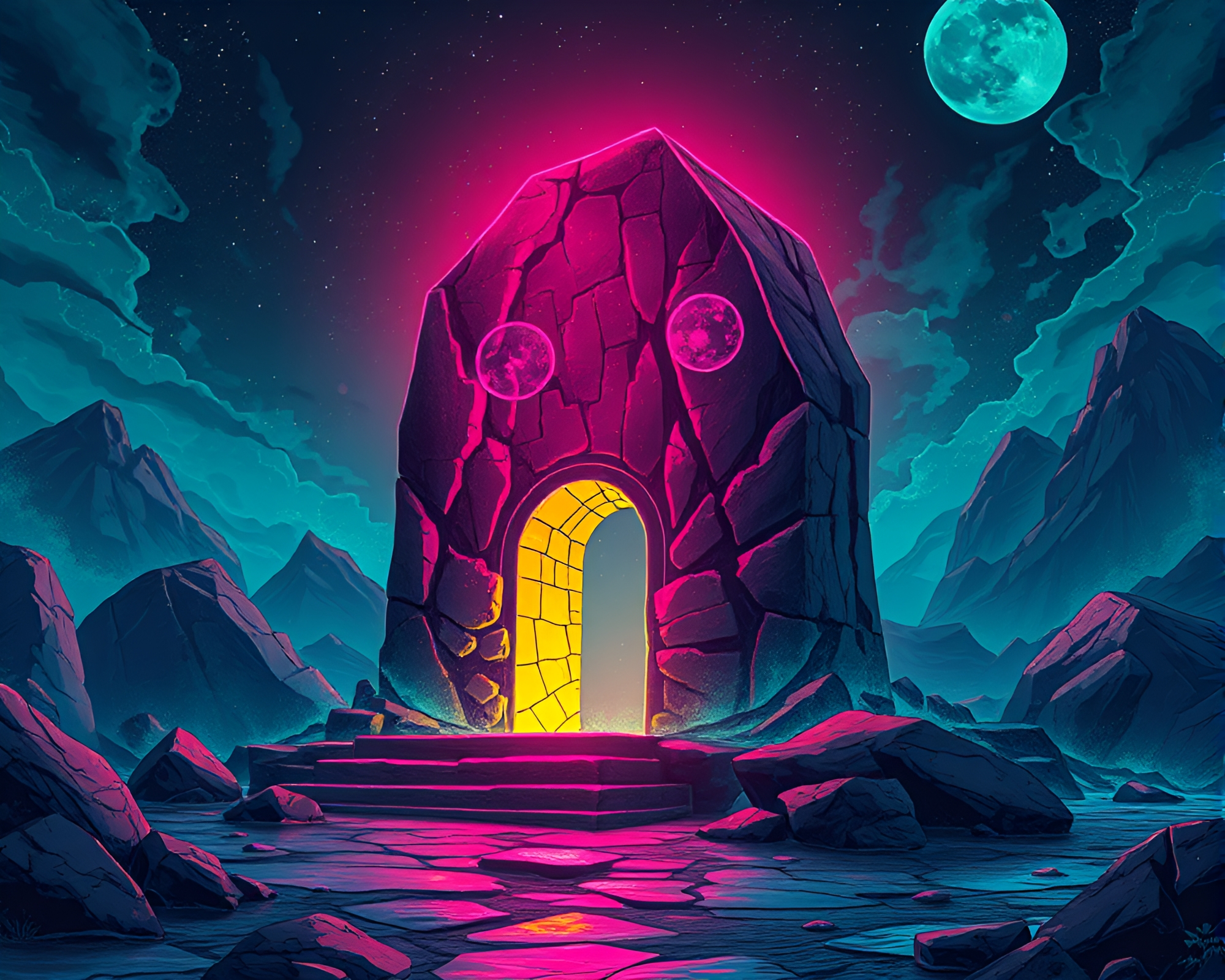 Cyberpunk Glowing Rune Stone in Surreal Color Shift – free AI stock image