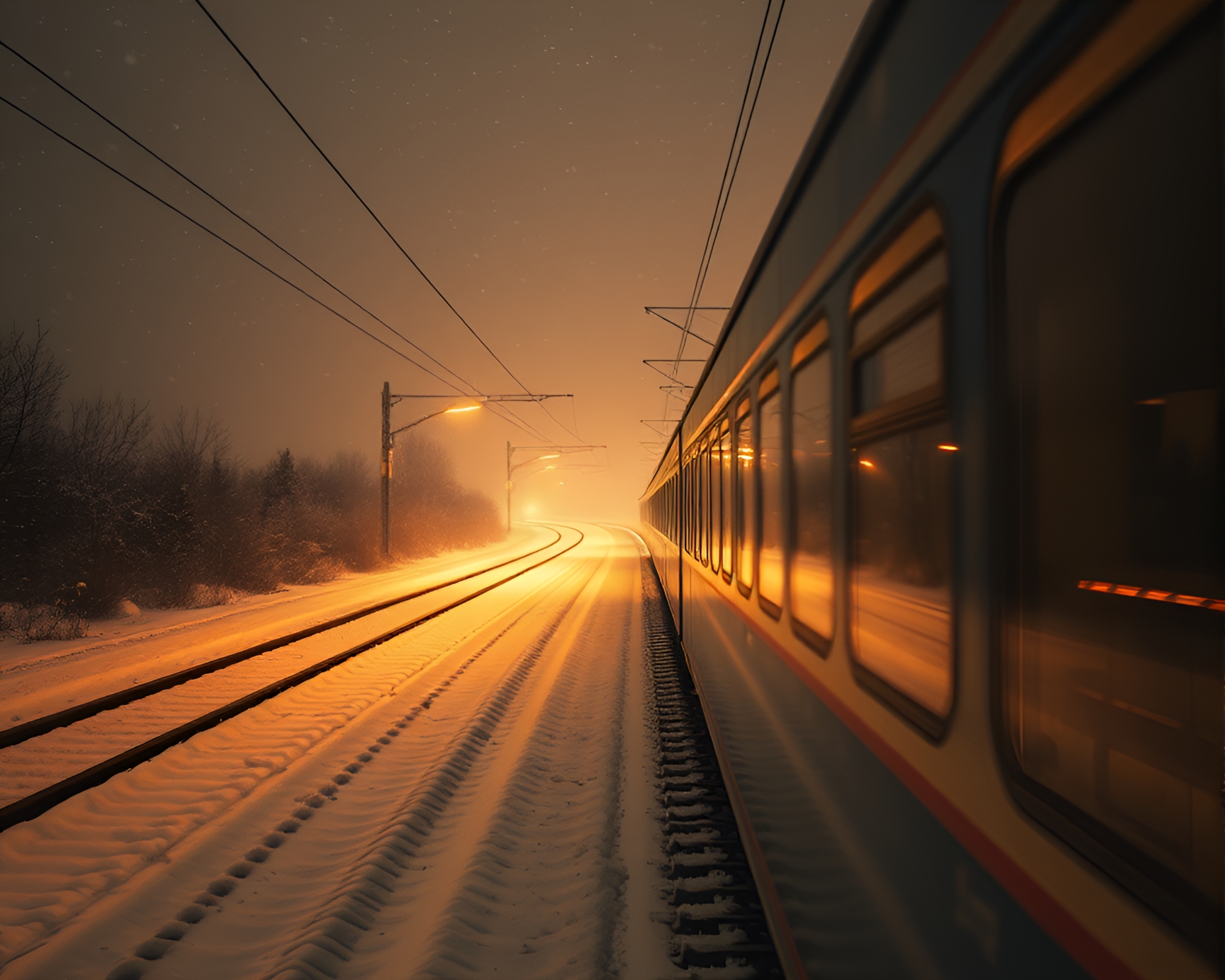 Snow-Kissed Space Habitat with Train Light Trails – free AI stock image