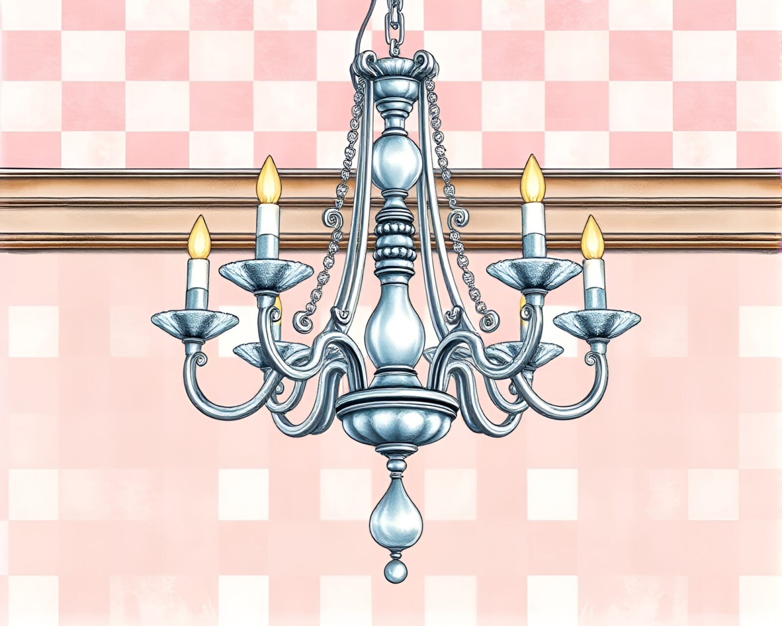 Elegant chandelier casts light over pastel checkered scene