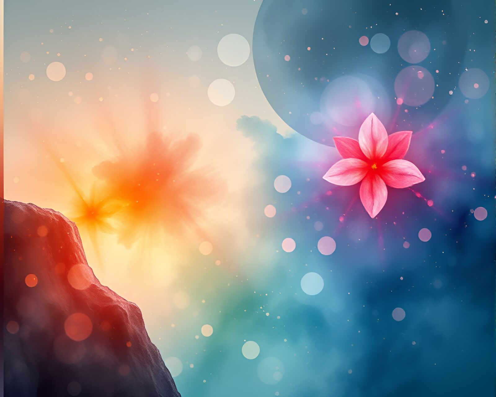 Watercolor cliff with washed-out colors and particle simulation