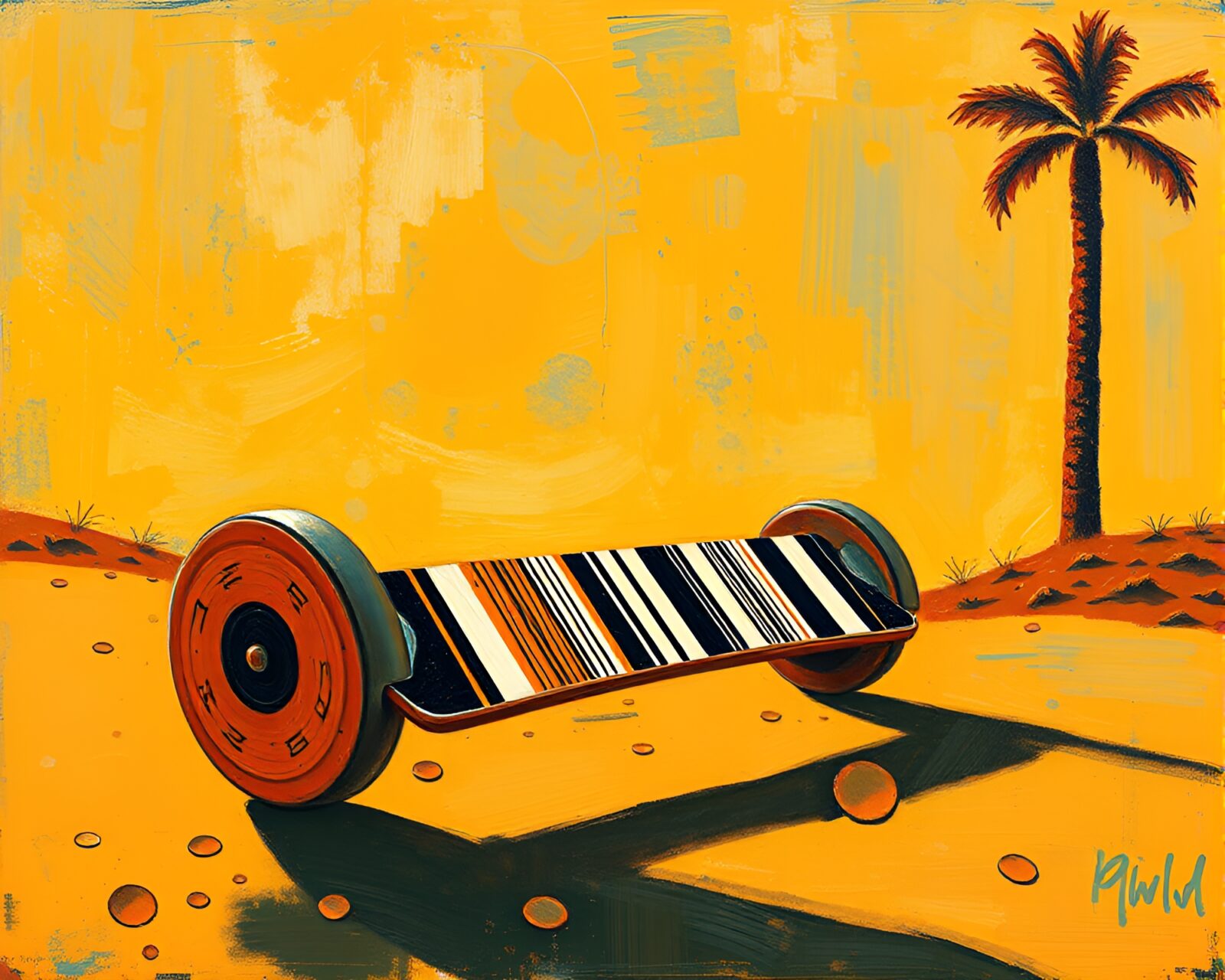 Futuristic hoverboard gliding over barcode stripe terrain at sunset