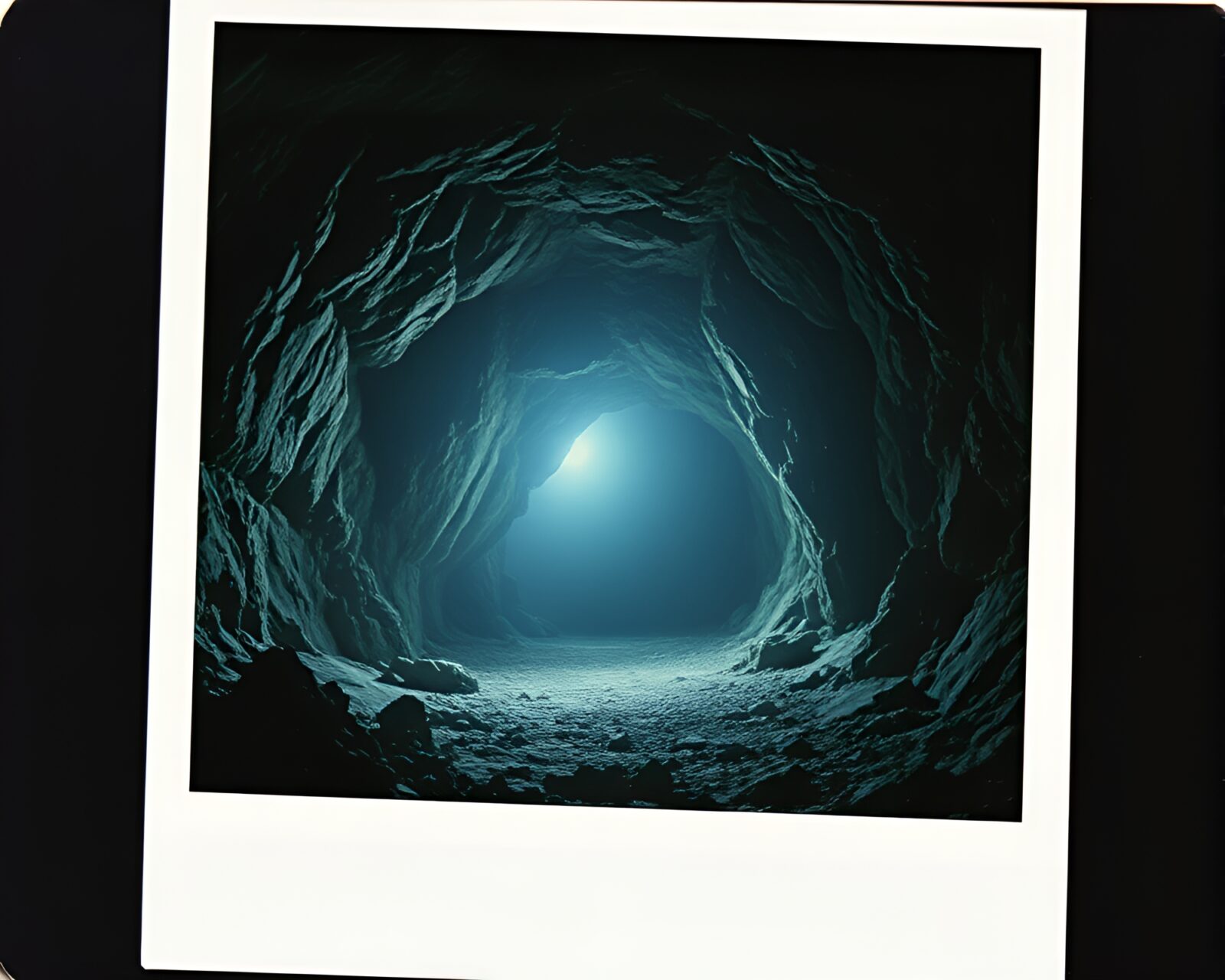 Whimsical Polaroid-style image of dwarf in cave shadows