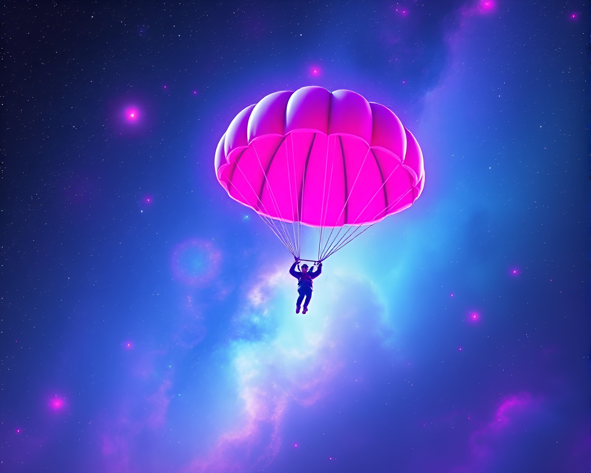 Parachute Jumper in Neon Cosmic Toon Shading – free AI stock image