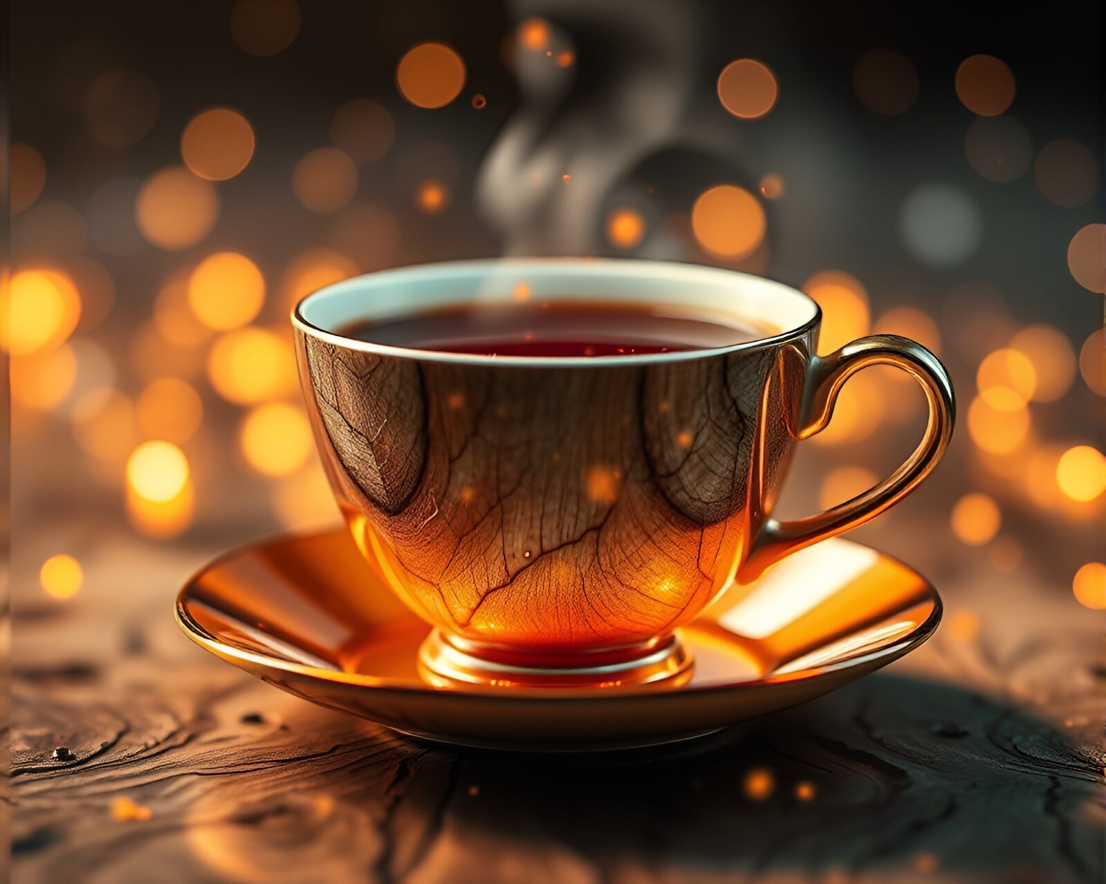 Surreal floating tea cup in intricate wood grain patterns