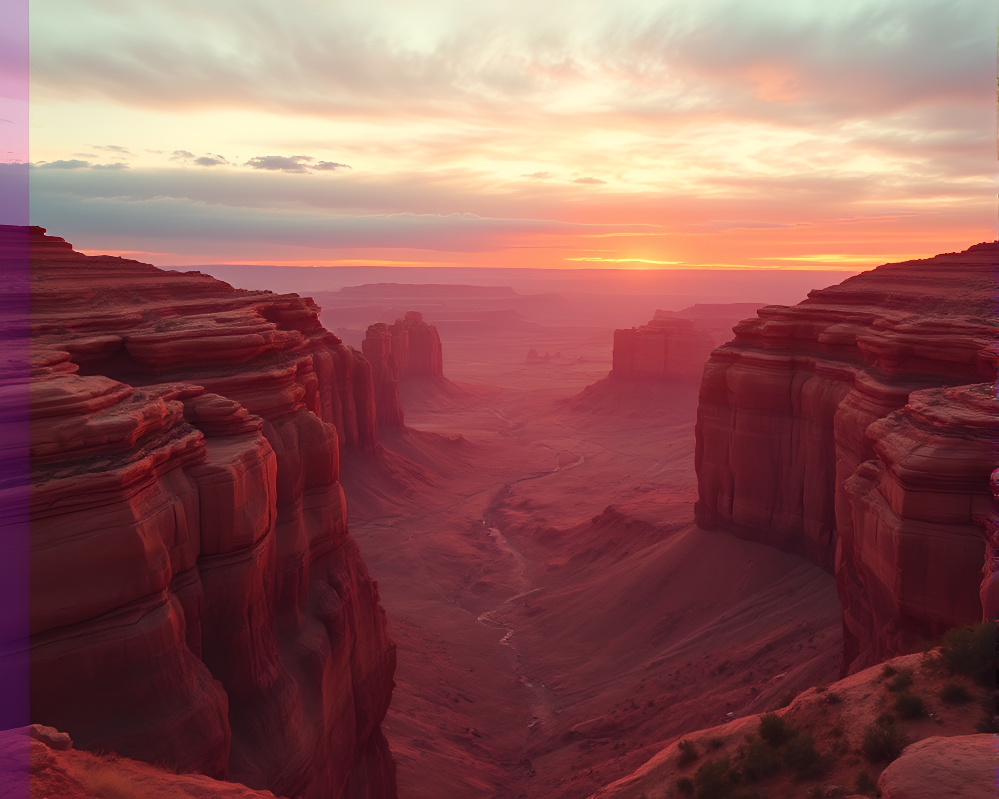 Vaporwave Sunset Over Holographic Canyon in Rust Tones – free AI stock image