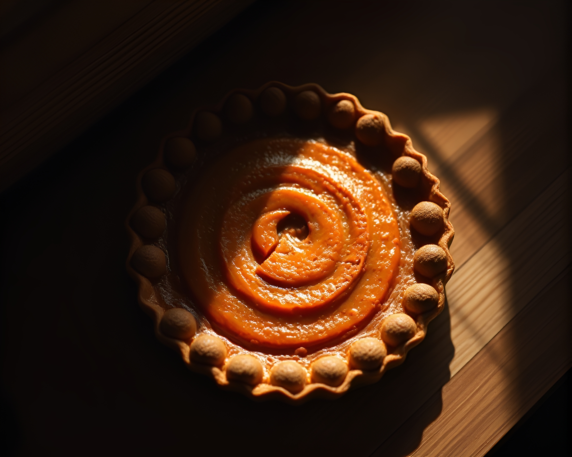 Enchanting Pumpkin Pie: Spiral Shadow in Tilt-Shift Dream – free AI stock image