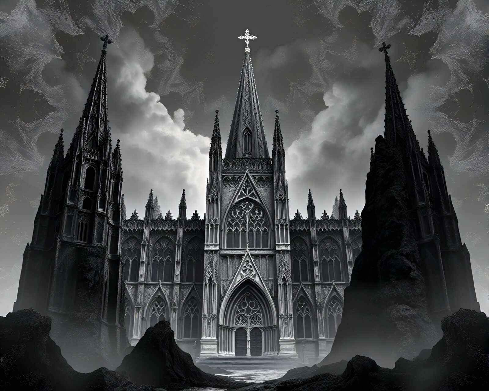 16-bit style cathedral fractal overlay in volcanic ash tones