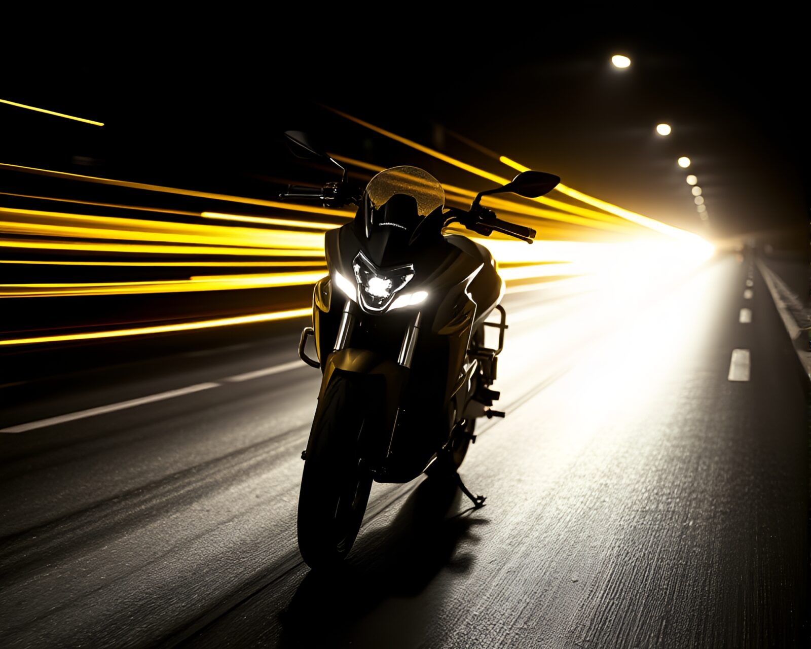 Dynamic car light trails with neon motorcycle in yellow light