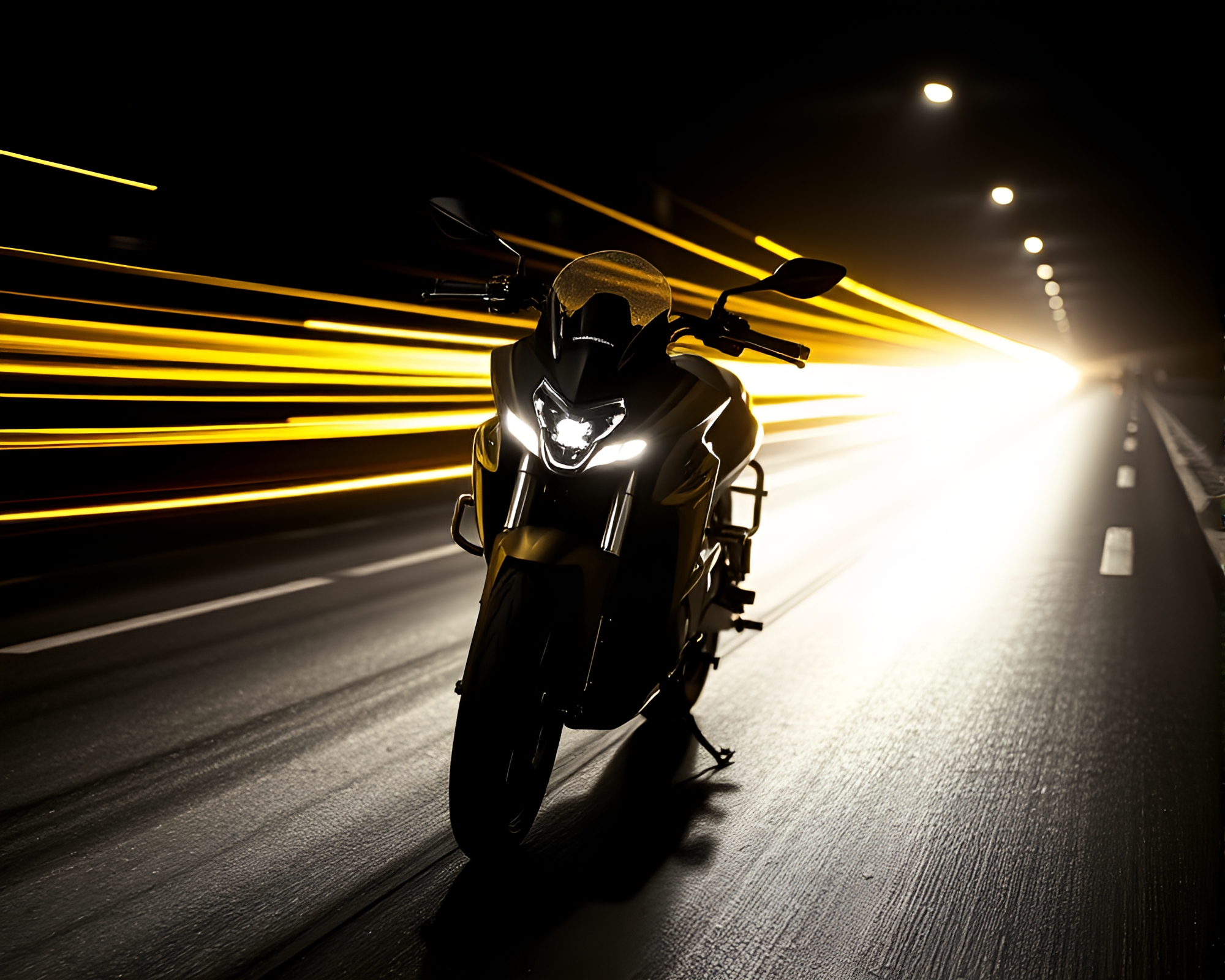 Futuristic Neon Motorcycle Zooming Through Monochrome City – free AI stock image