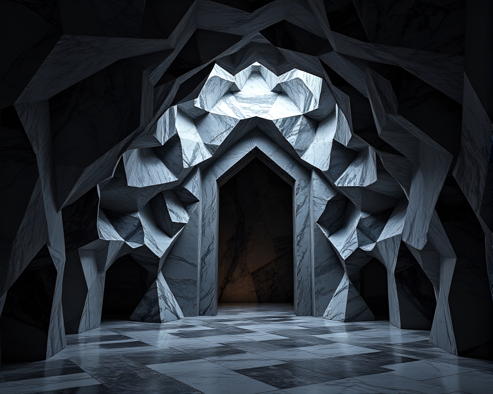 Geometric Marble Sculpture in Enigmatic Cave Entrance – free AI stock image