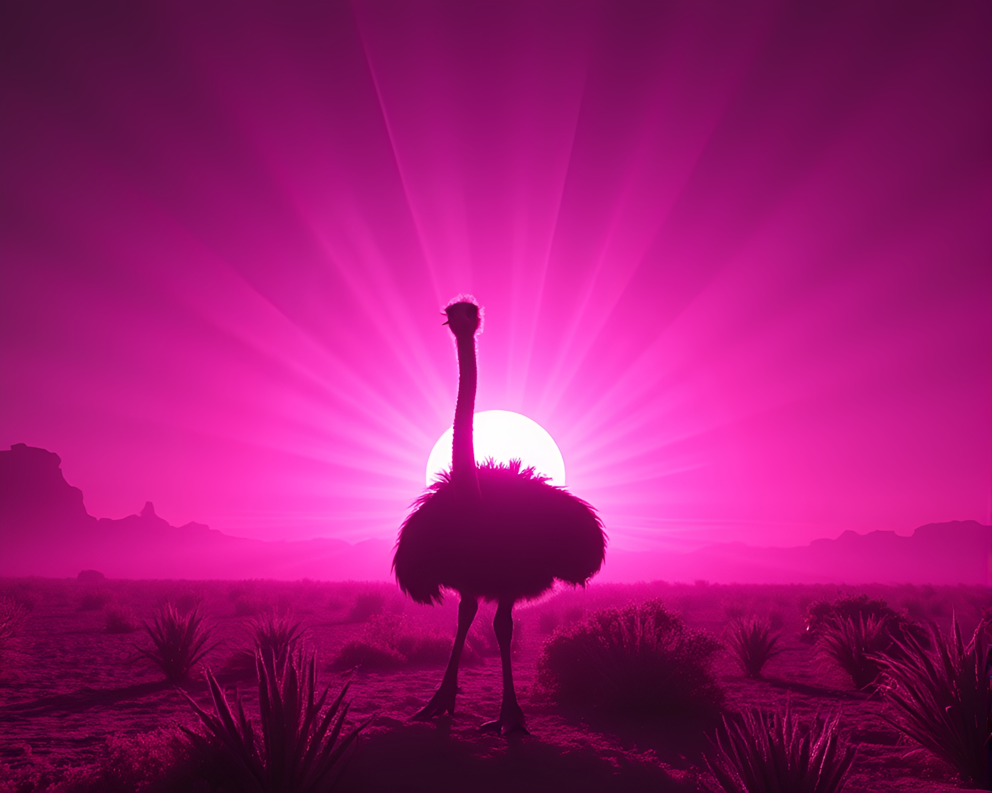 Synthwave Ostrich in Negative Sunbeam Composition – free AI stock image