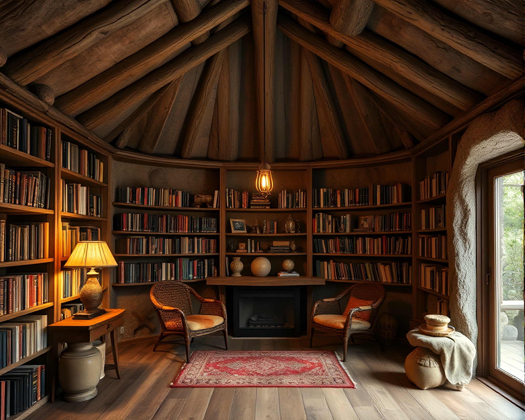 Maximalist Mud Hut Illuminated by Library Lamp Light – free AI stock image