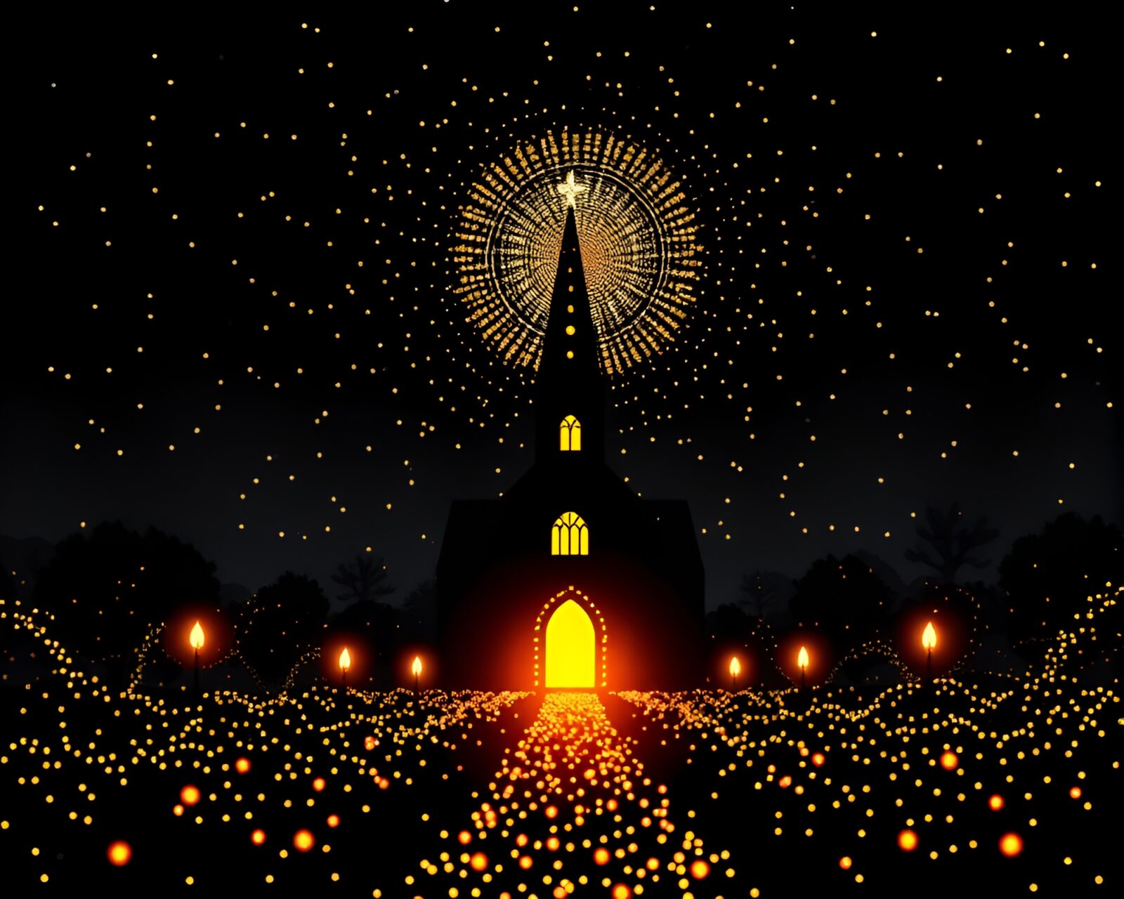 Silhouetted figure amidst dotted lights in serene candlelit church