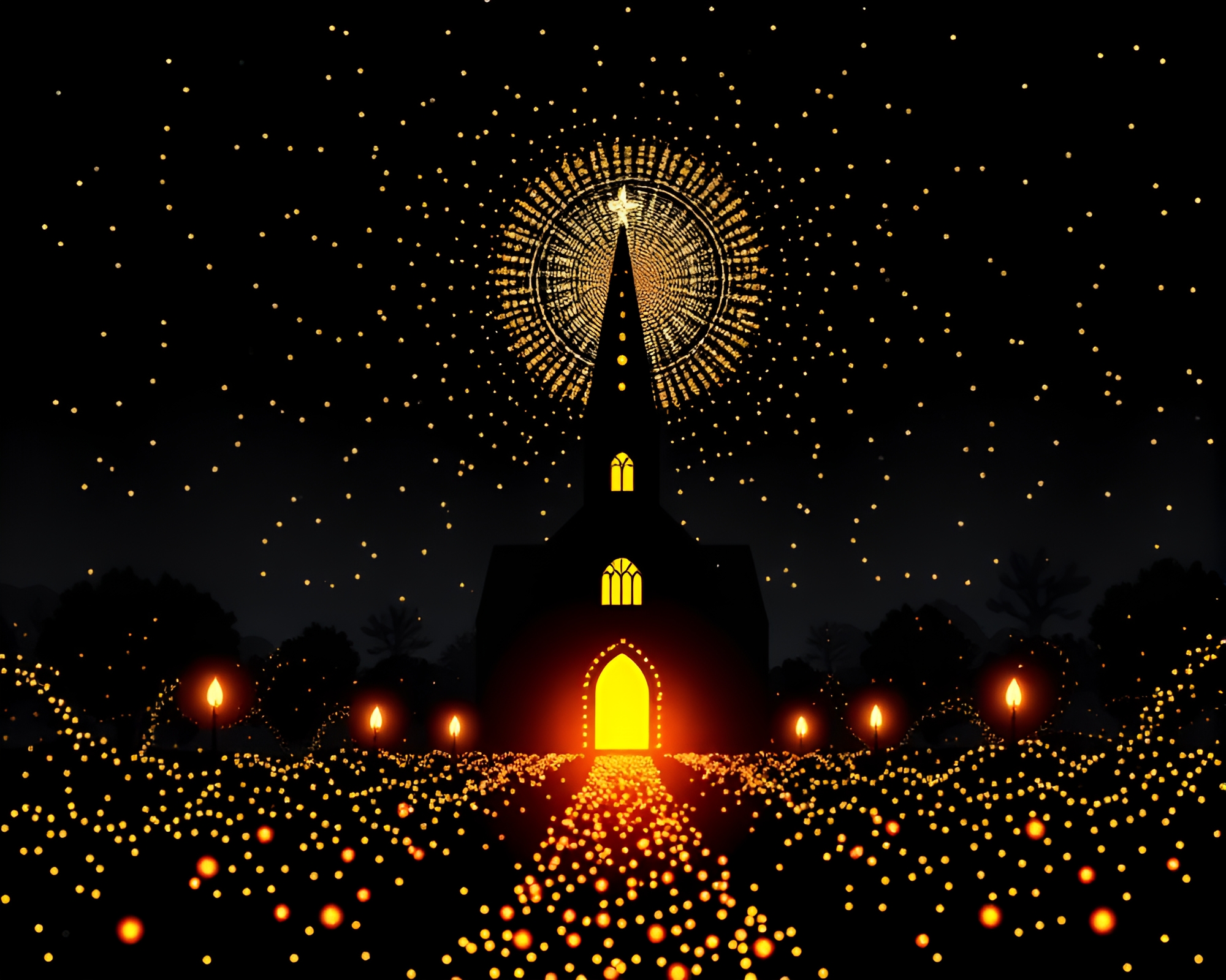 Pointillist Time Dilation Church Candlelight Silhouette – free AI stock image