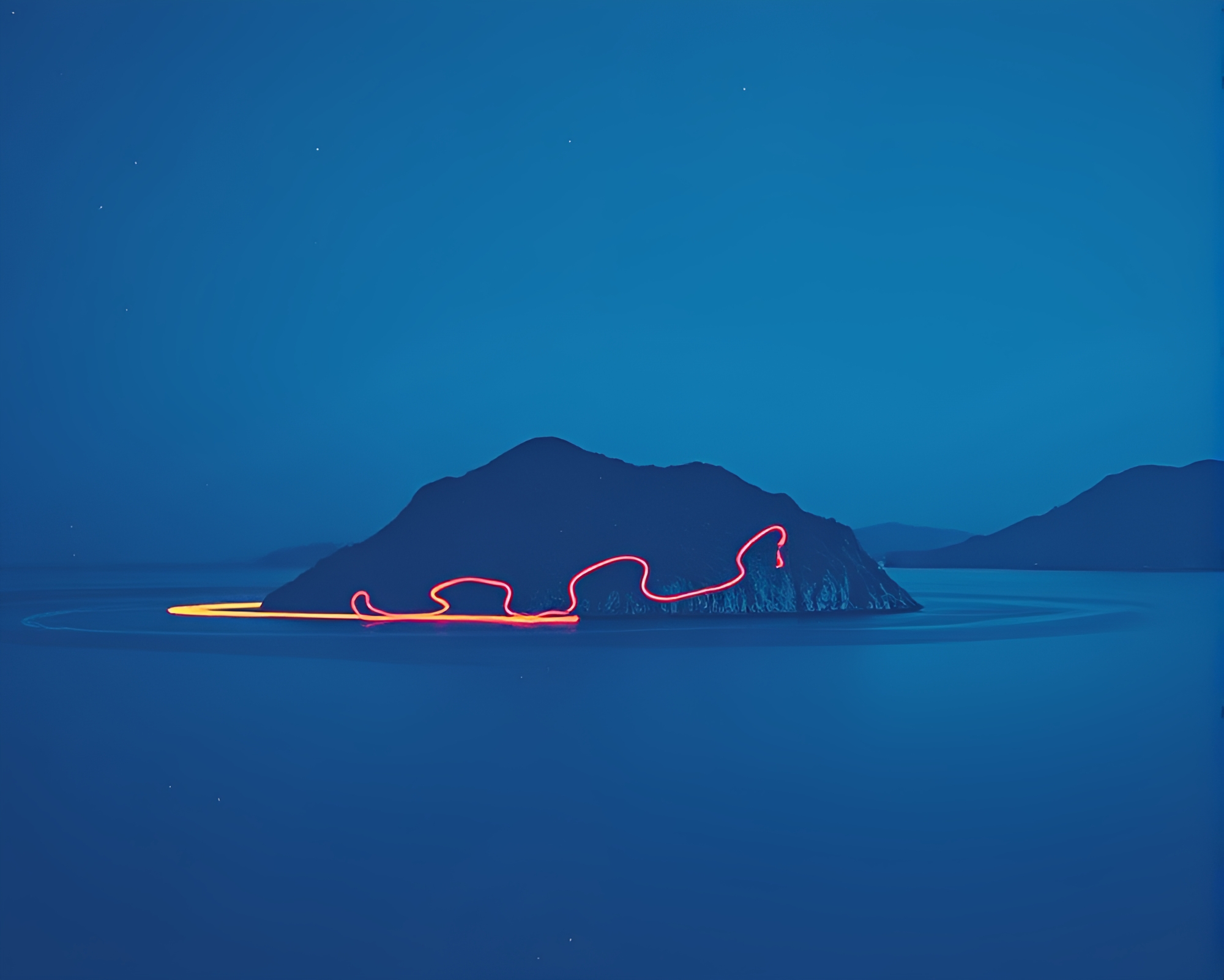 Enchanted Island: Duotone Woodcut Light Trails – free AI stock image