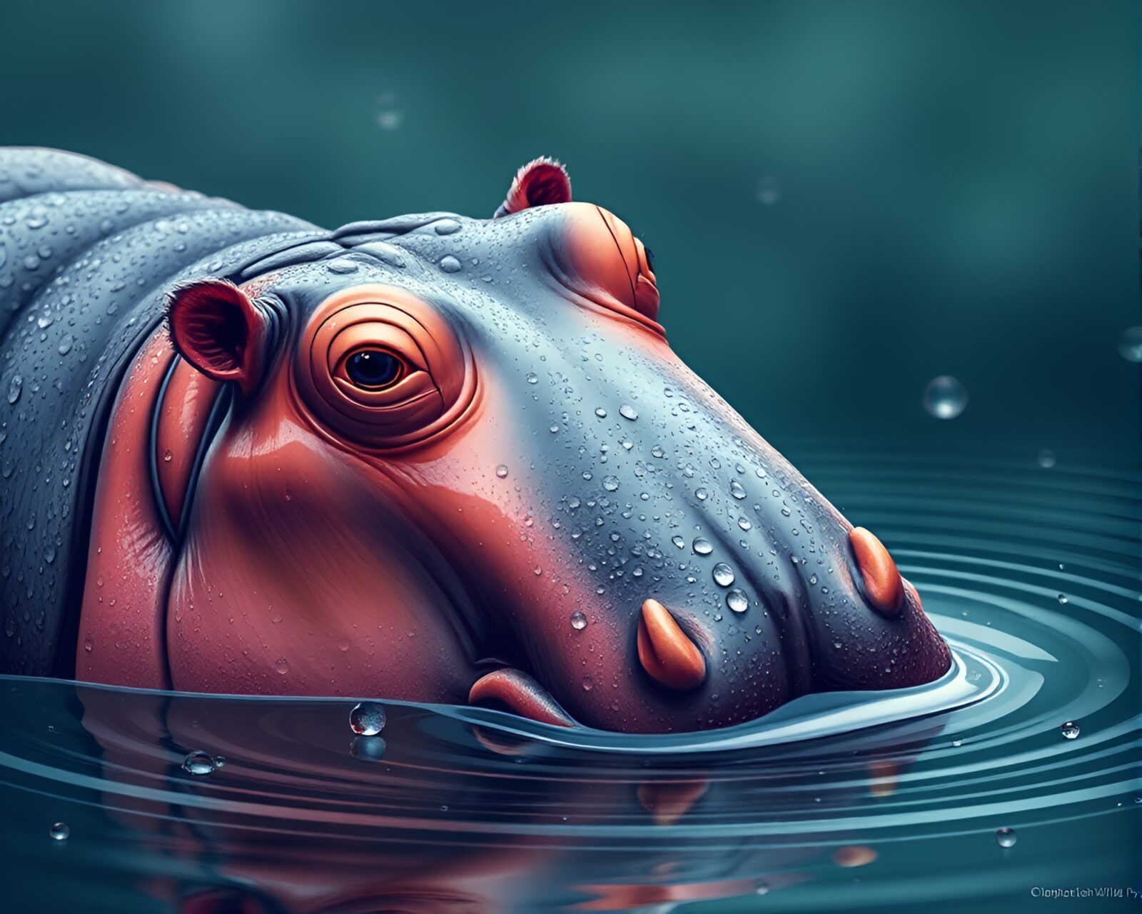 Low saturation image of hippopotamus surrounded by dew drops