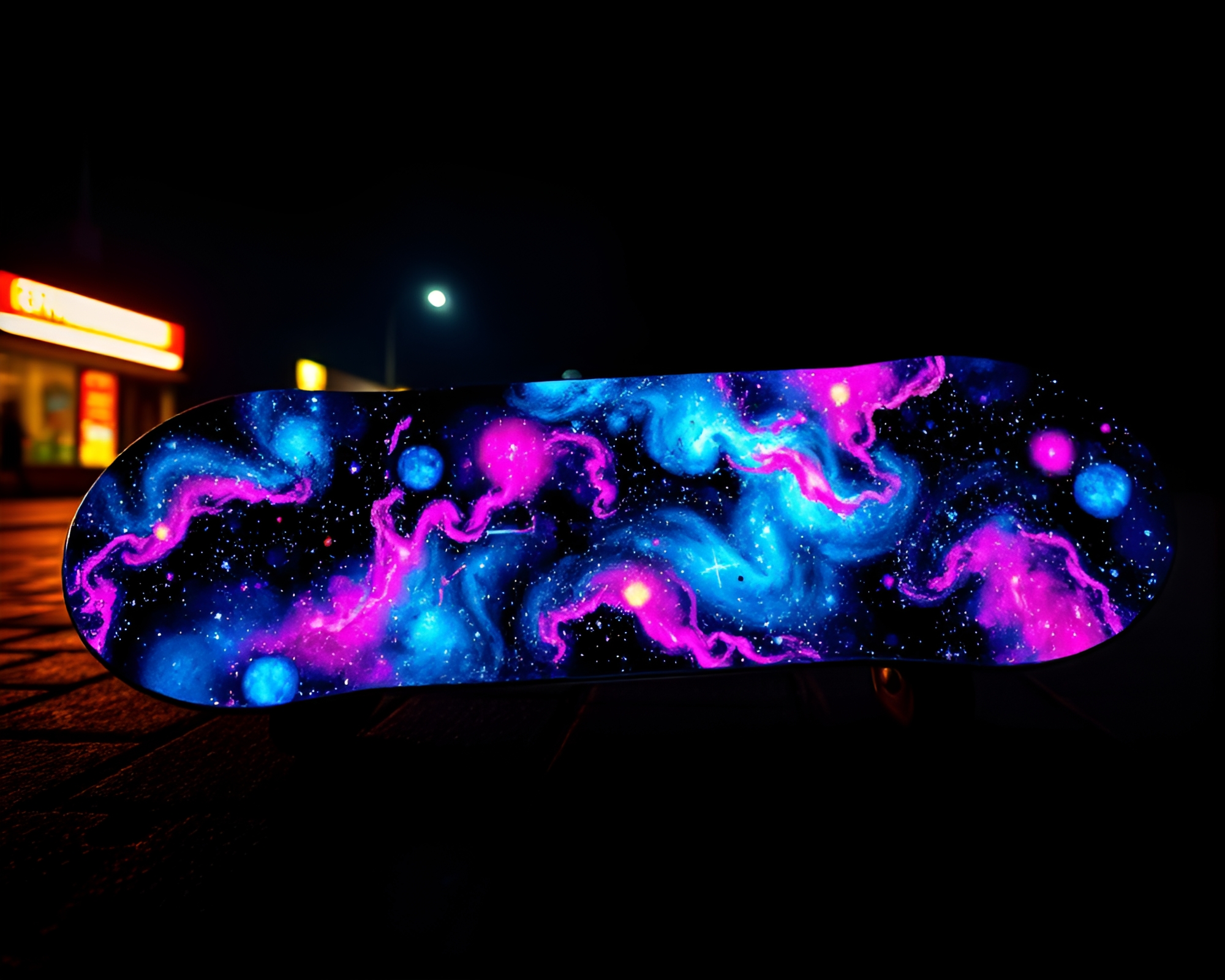 Street Art Galaxy Hoverboard in Chiaroscuro Lighting – free AI stock image