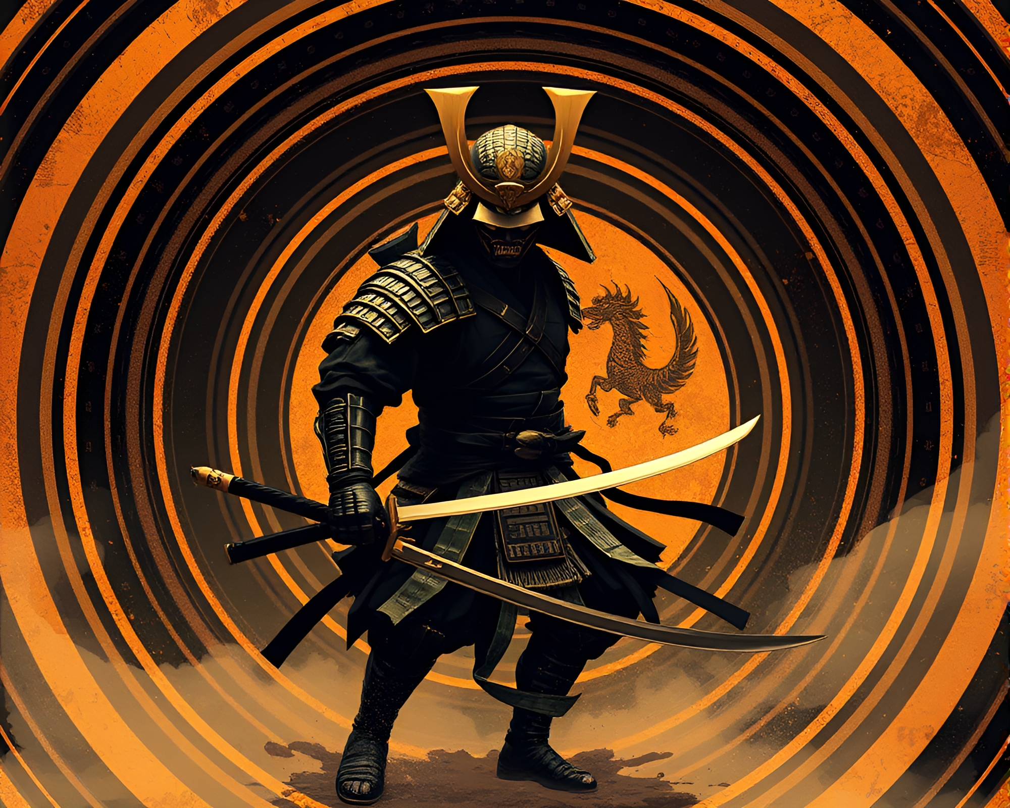 Futuristic Samurai Warrior in Savannah Golds Concentric Circles – free AI stock image