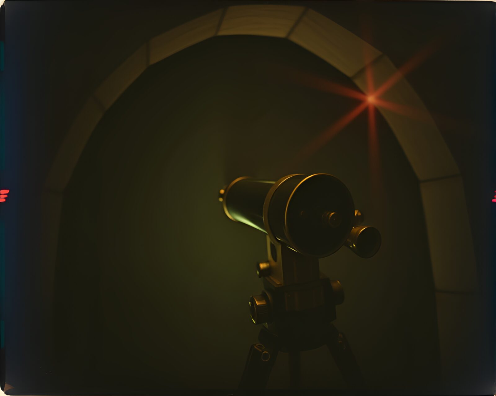 Vintage polaroid frame image of eerie basement with brass telescope
