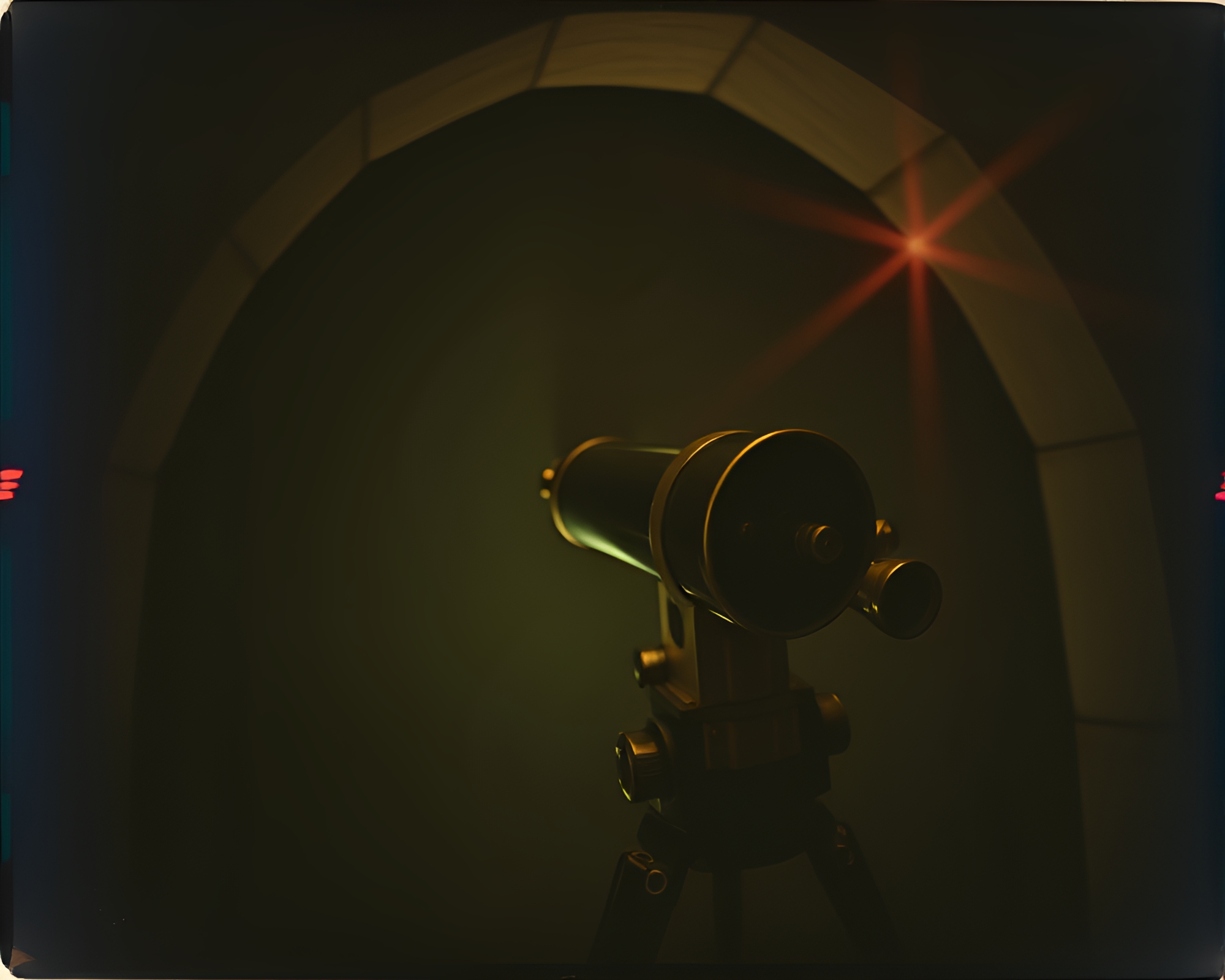 Mysterious Brass Telescope in Basement Backscatter Flare – free AI stock image