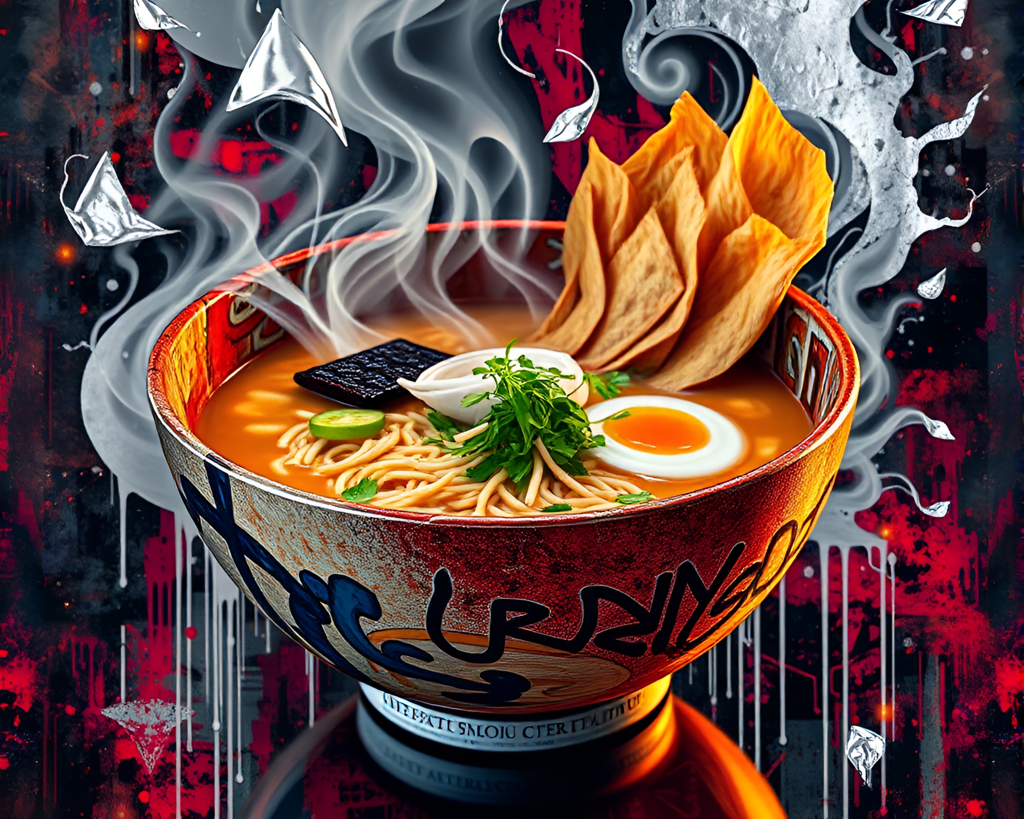 Fractal Ramen Bowl with Silver Leaf Accents – free AI stock image