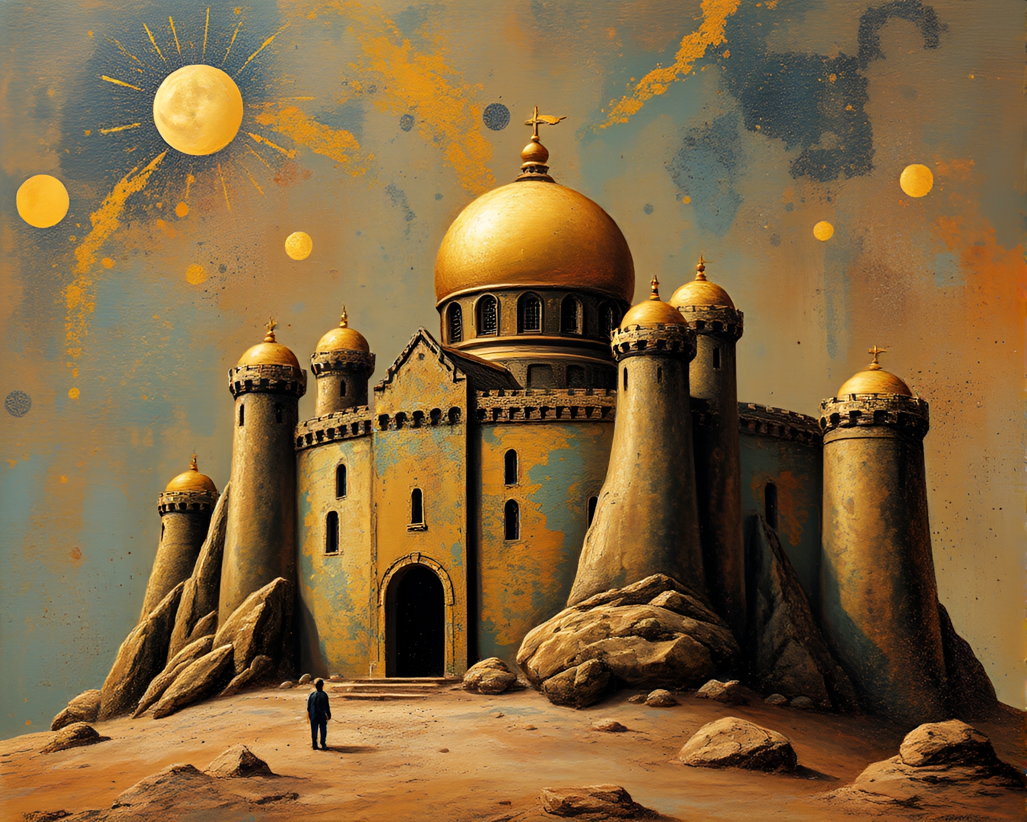 Bronze Patina Deserted Castle Surreal Cosmic Splatter Art – free AI stock image