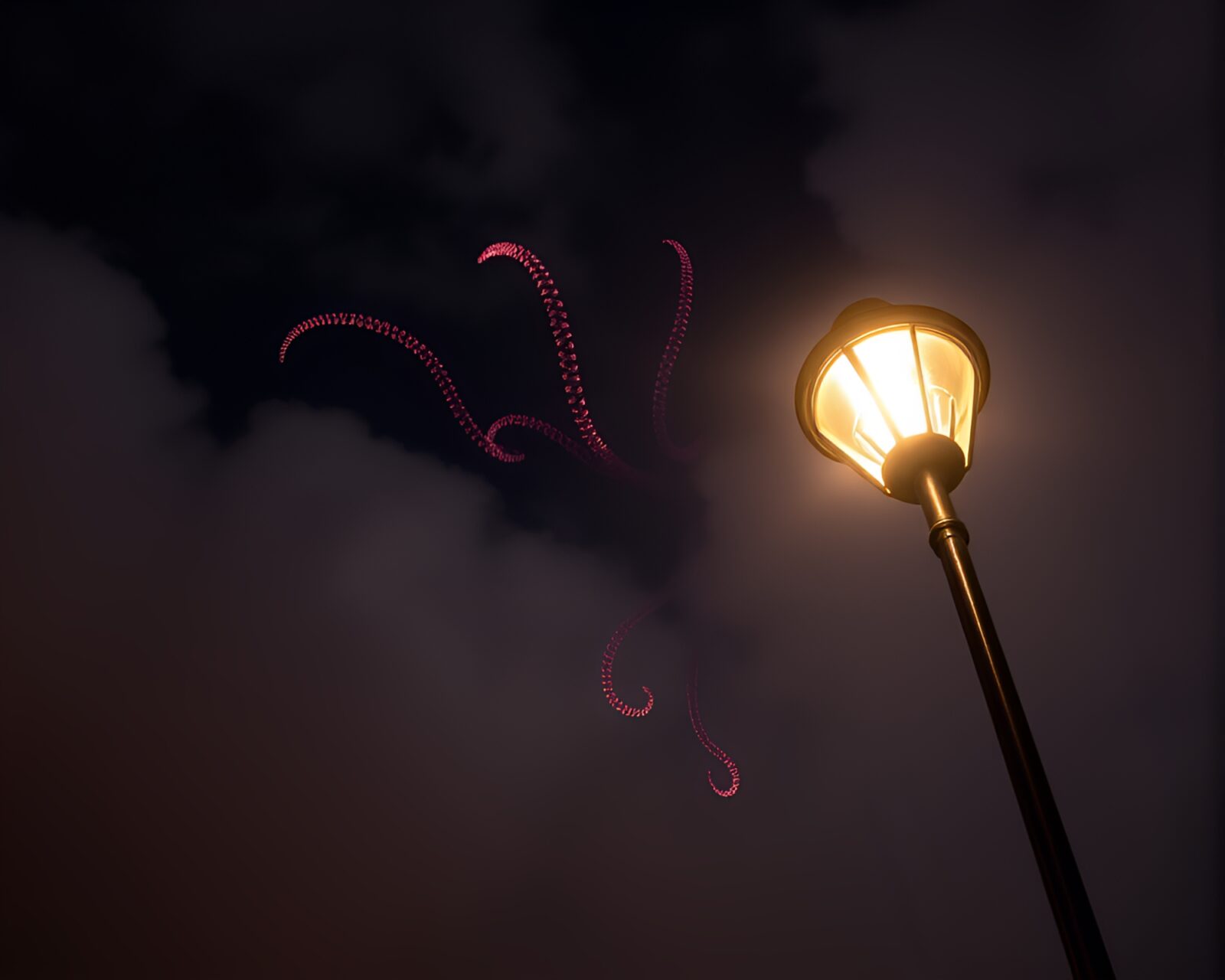 Glowing octopus amidst a cloud of explosion, streetlamp lighting