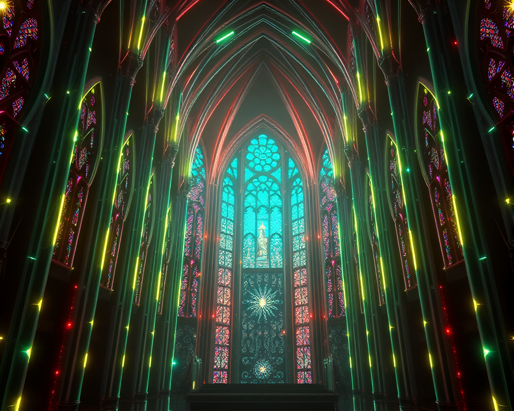 Neon Wireframe Fractal Cathedral in Material Design Style – free AI stock image