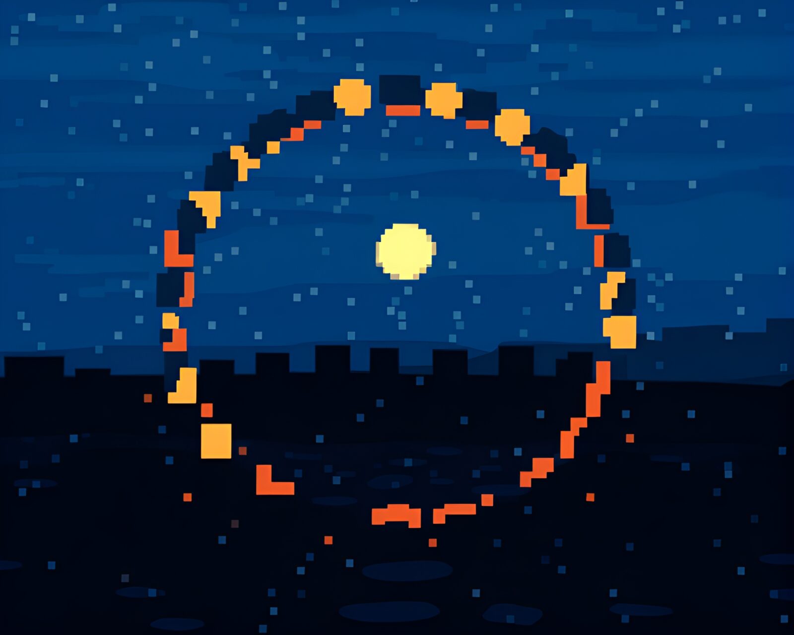 Pixelated stone circle under twilight blue hour sky