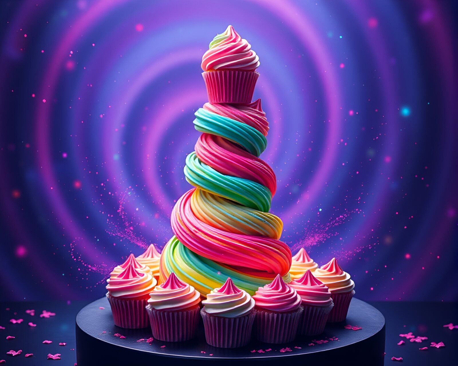 Surreal cupcake tower in vibrant starburst colors spinning