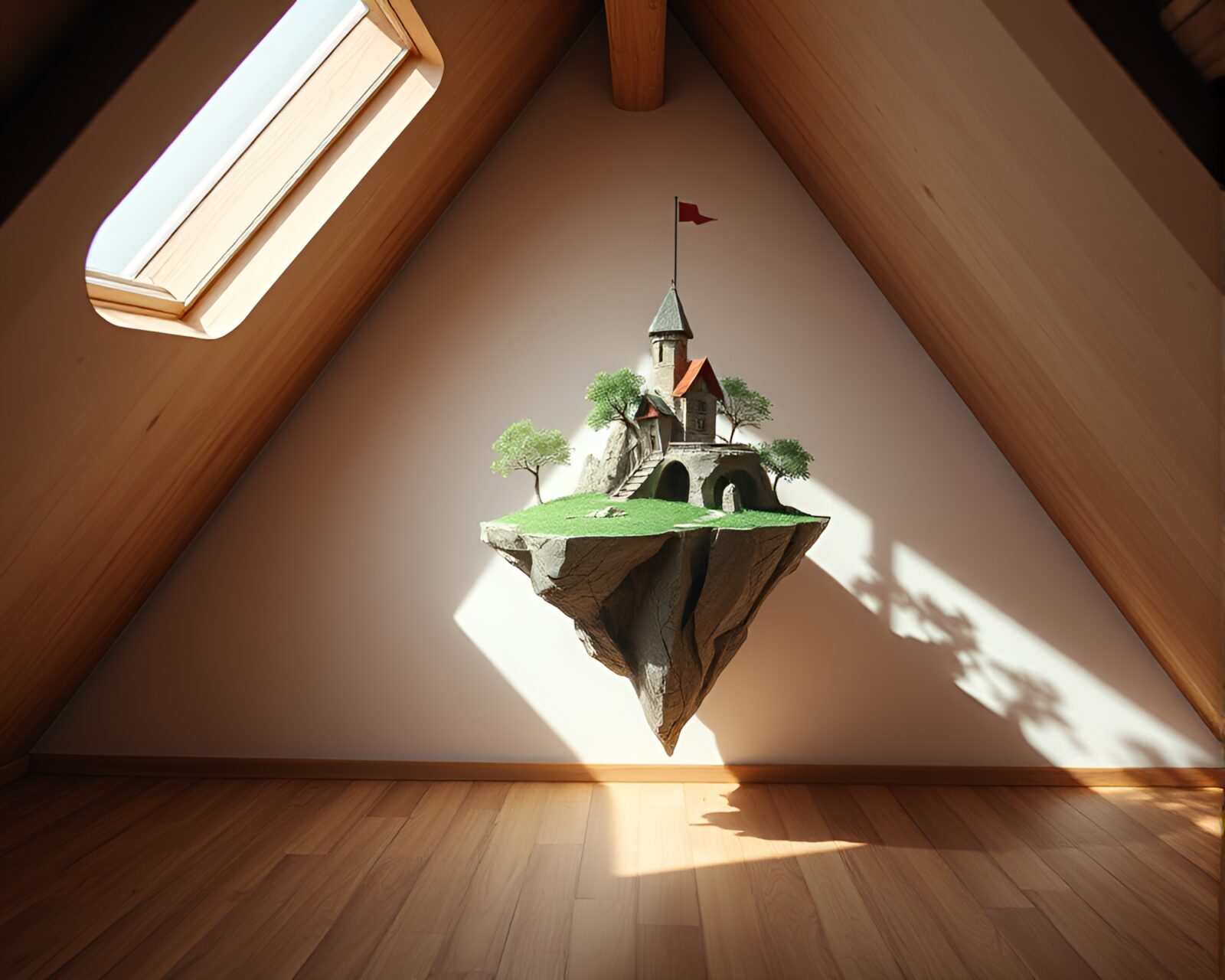 Dreamy wide-angle photo of floating island surrounded by paper tears