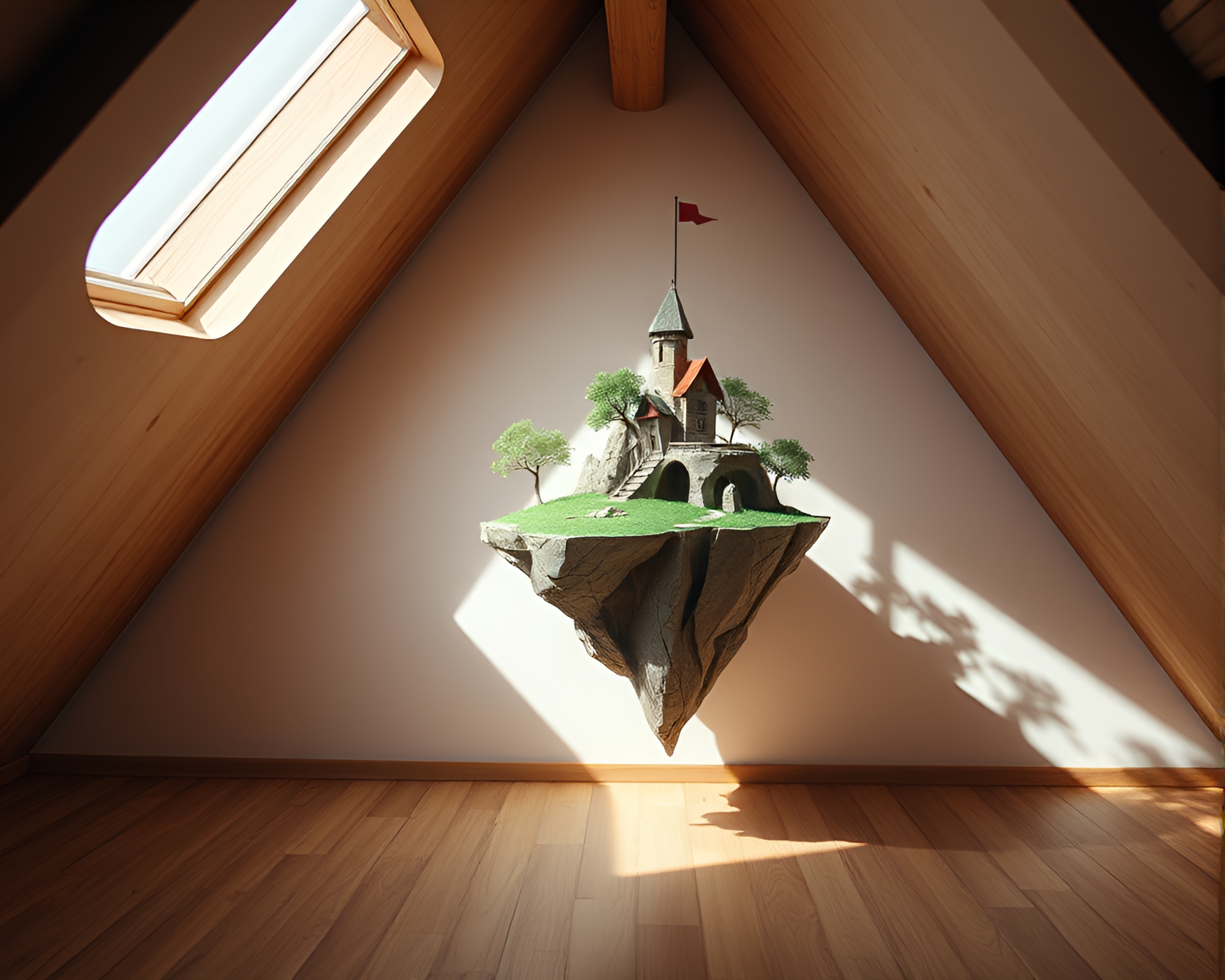 Torn Paper Floating Island in Attic Shadows – free AI stock image