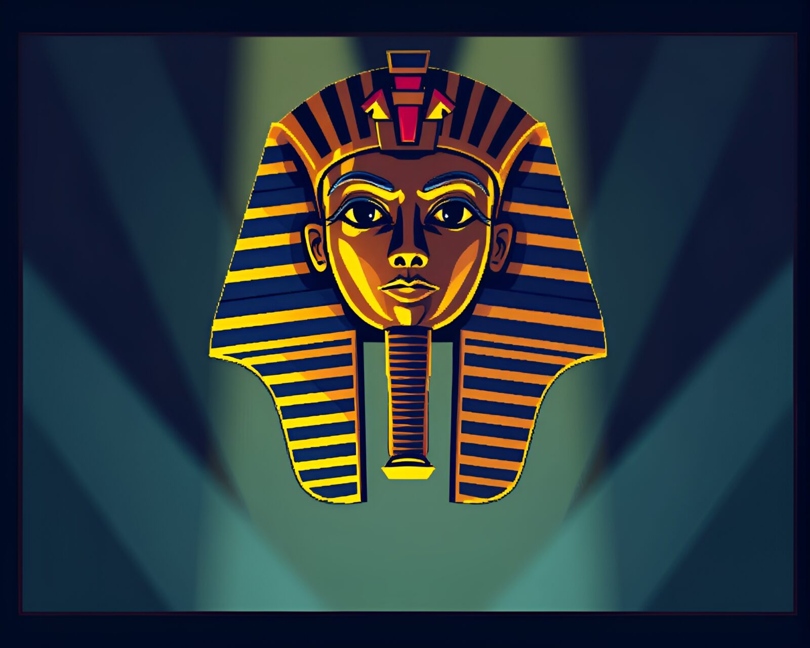 Pixelated Pharaoh's mask under dramatic spotlight focus