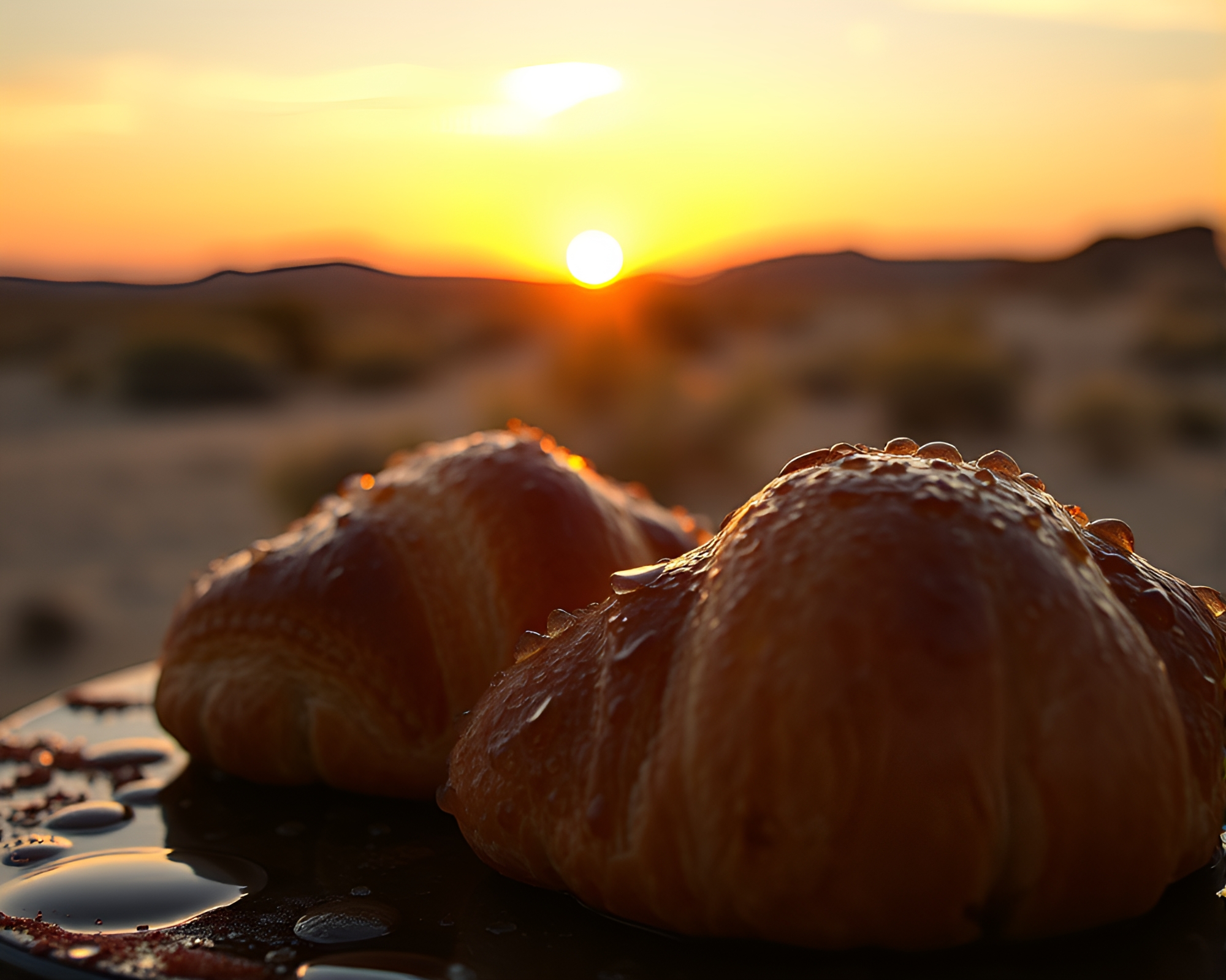 Croissant on Wet Glass Beads at Desert Sunset – free AI stock image
